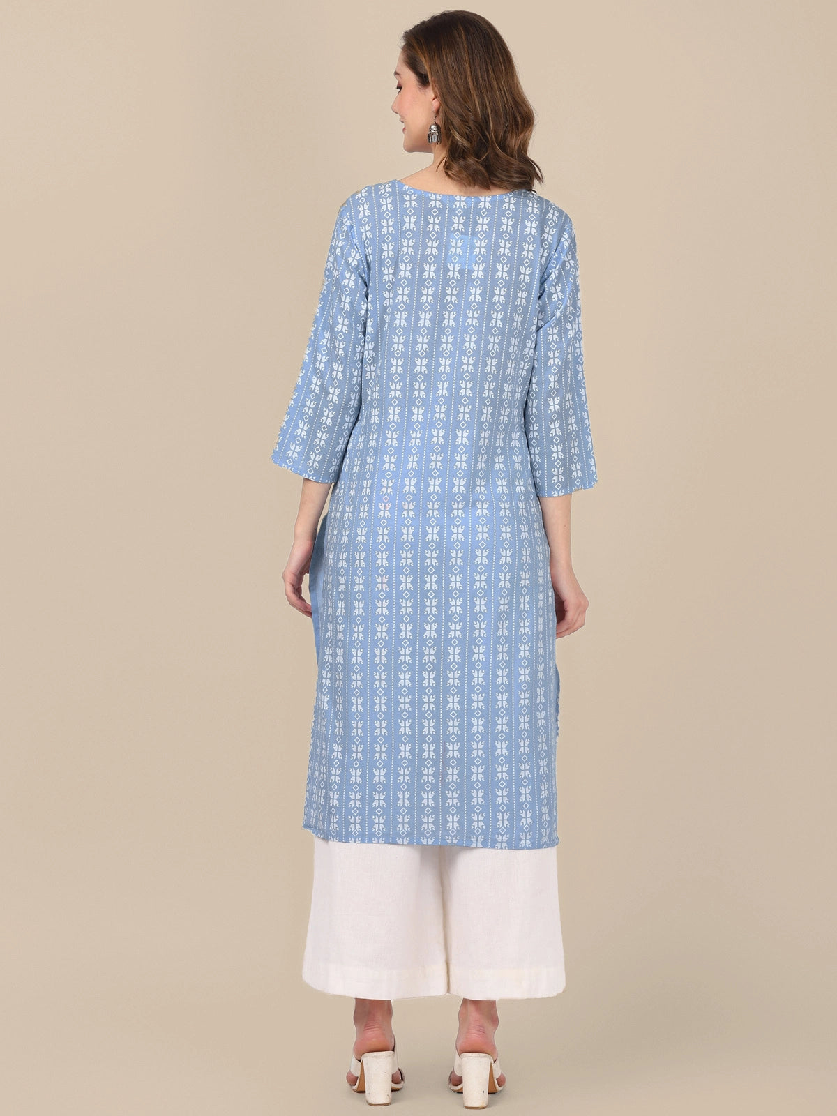 Buy 100% Cotton All Over Ethnic Printed Knee Length Straight Kurta-Light Blue