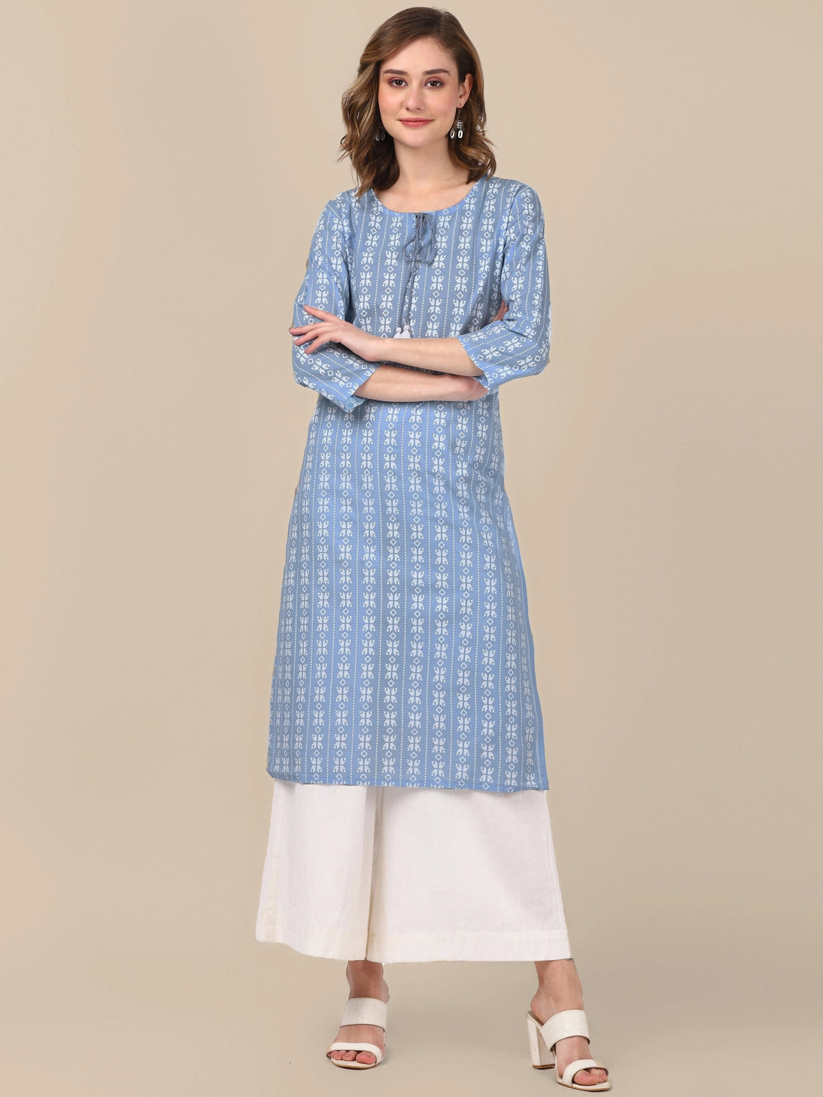 Buy 100% Cotton All Over Ethnic Printed Knee Length Straight Kurta-Light Blue