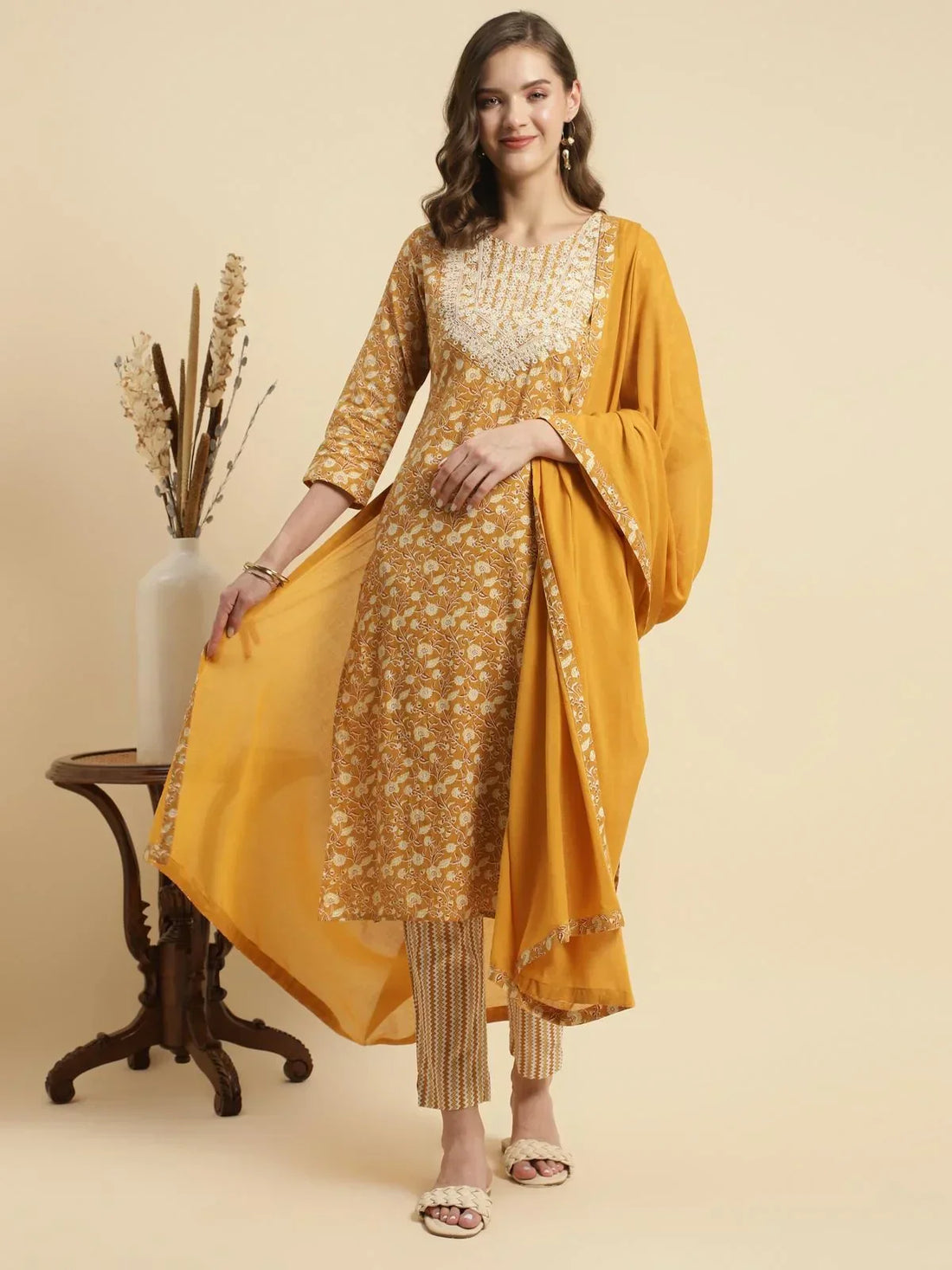 Buy Cotton Embroidered Calf Length Straight Kurta With Pant And Dupatta-Mustard