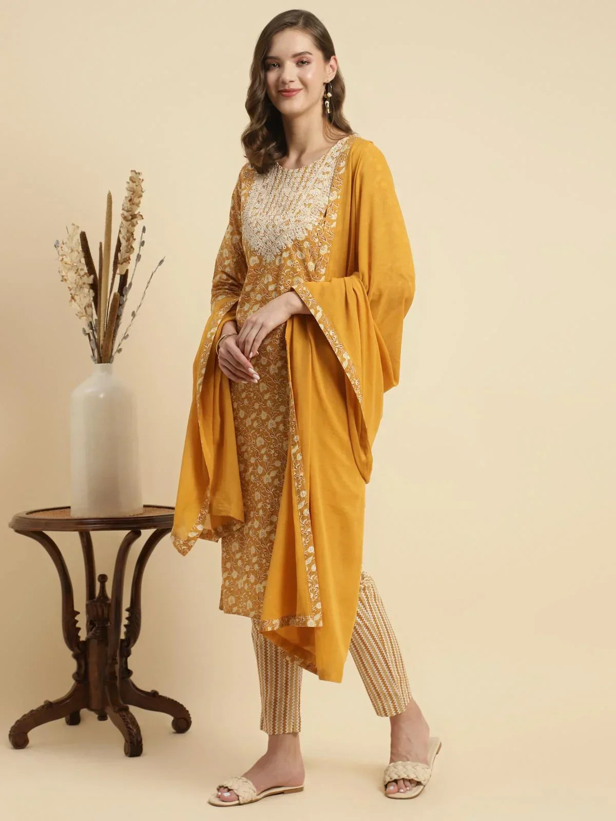 Buy Cotton Embroidered Calf Length Straight Kurta With Pant And Dupatta-Mustard