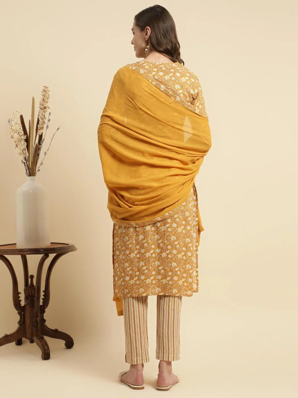 Buy Cotton Embroidered Calf Length Straight Kurta With Pant And Dupatta-Mustard