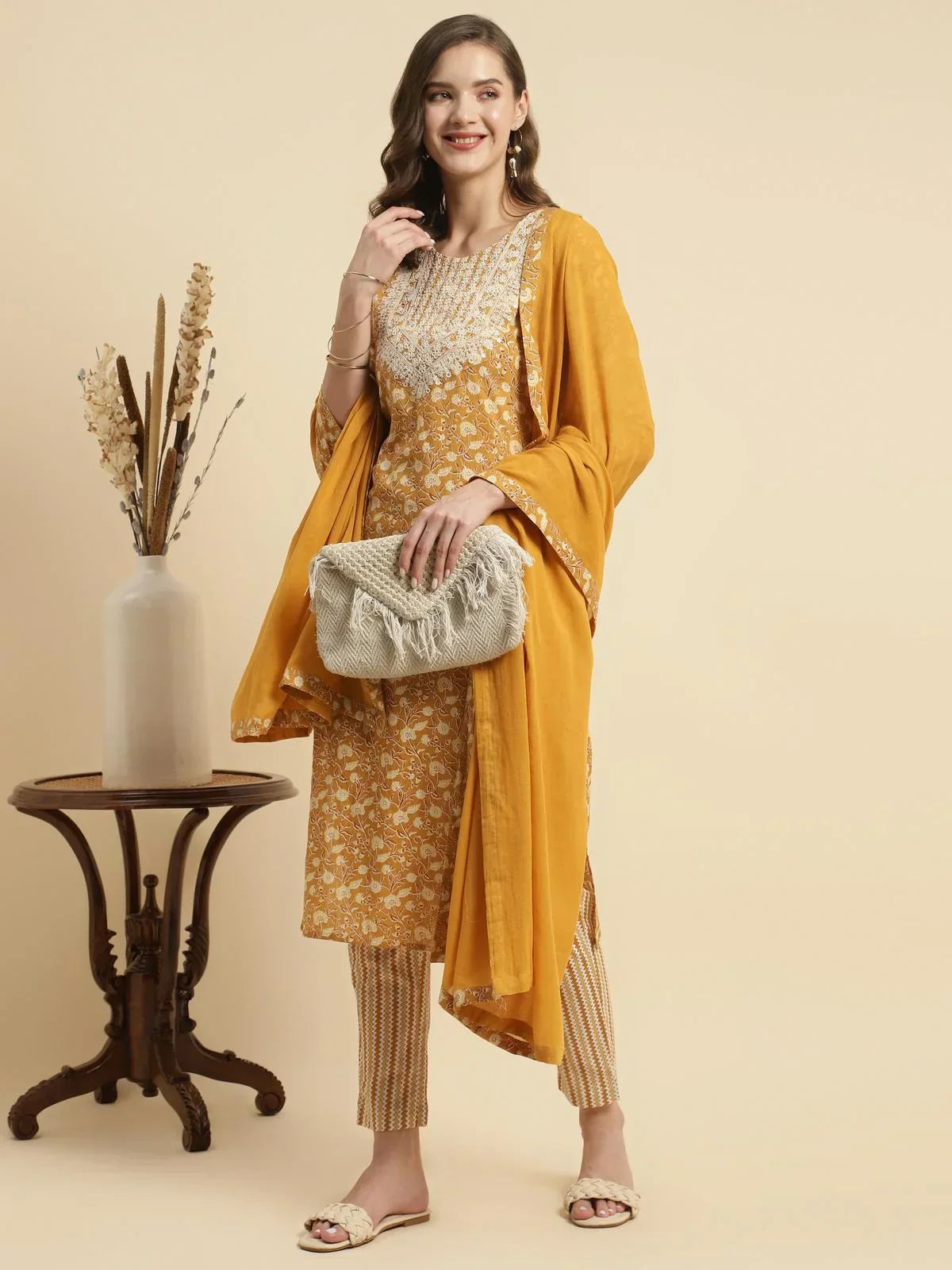 Buy Cotton Embroidered Calf Length Straight Kurta With Pant And Dupatta-Mustard