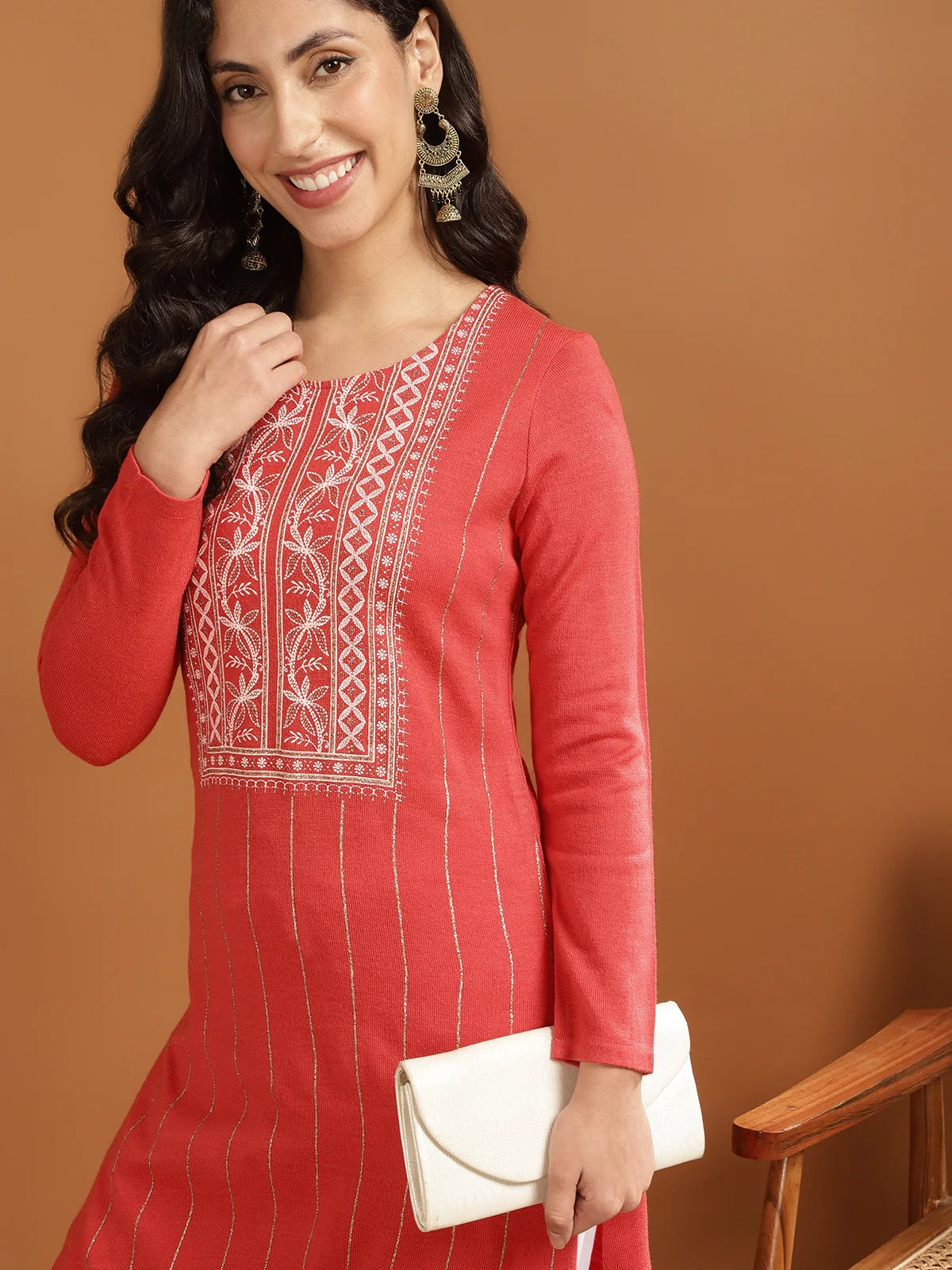 Buy Acrylic Printed Calf Length Straight Winter Kurta-Coral
