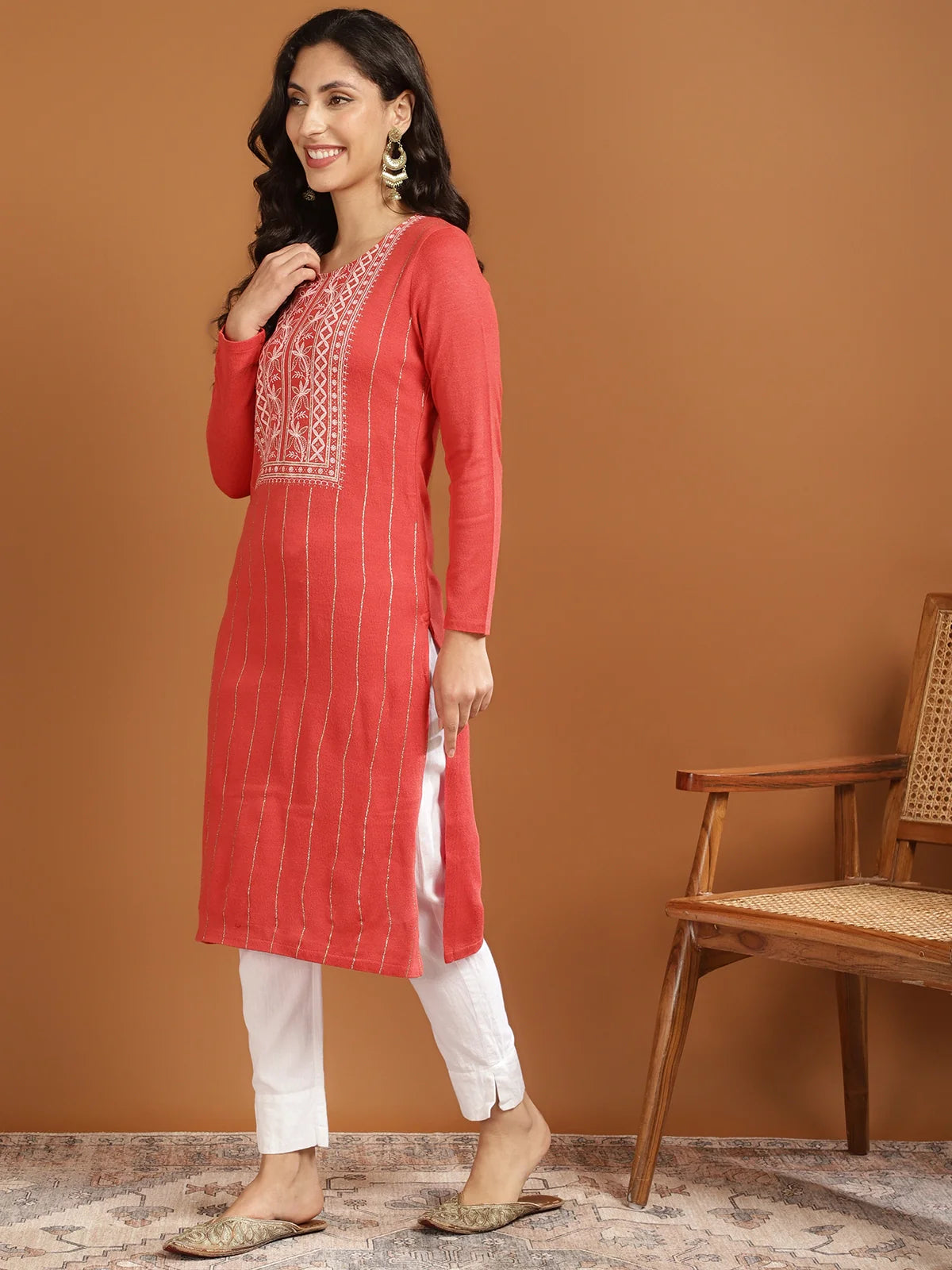 Buy Acrylic Printed Calf Length Straight Winter Kurta-Coral