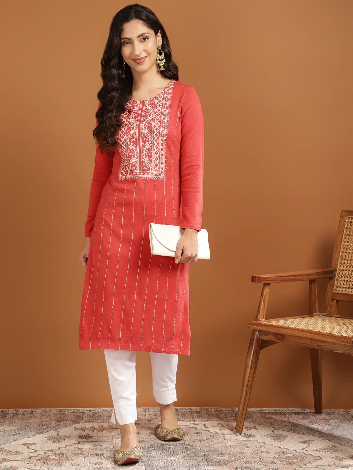 Buy Acrylic Printed Calf Length Straight Winter Kurta-Coral