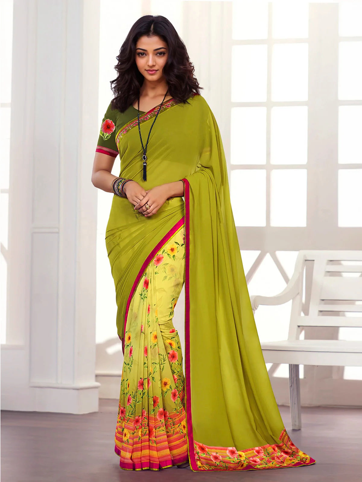 Buy Georgette Half & Half Printed Saree With Lace Border & Blouse Piece-Lime Green