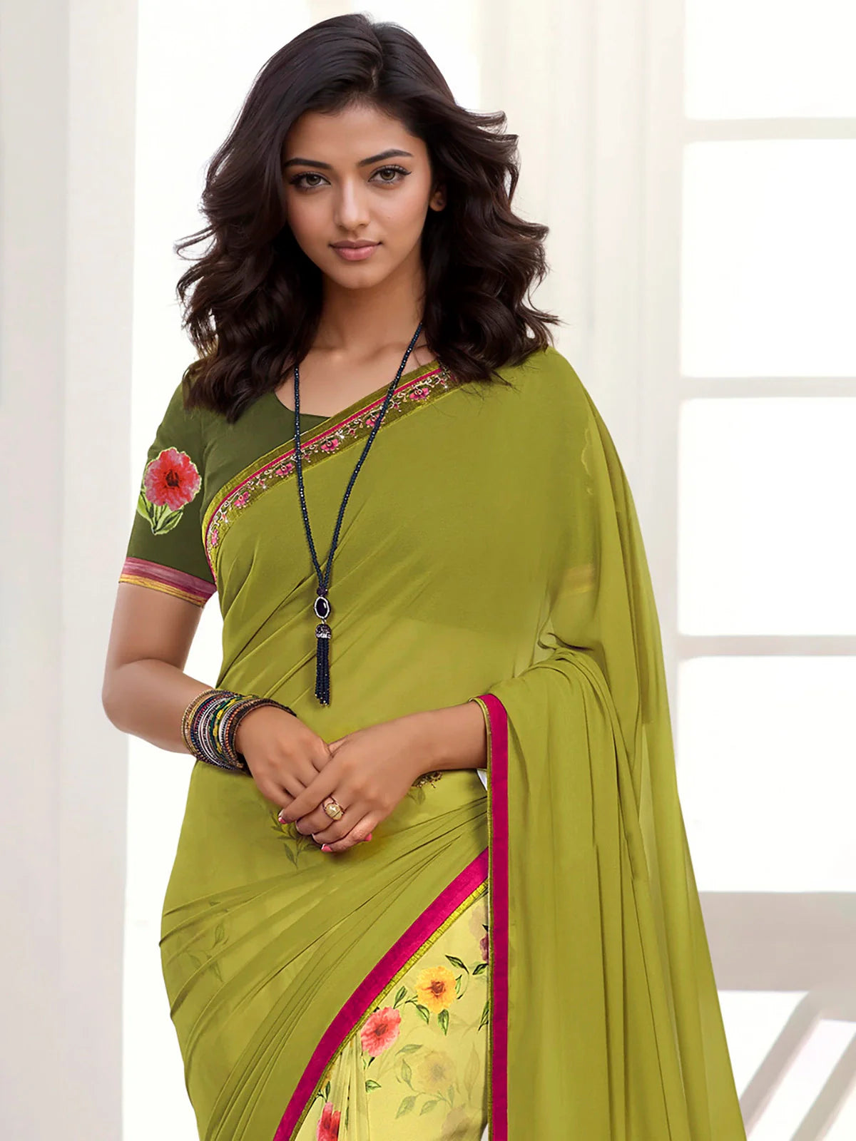 Buy Georgette Half & Half Printed Saree With Lace Border & Blouse Piece-Lime Green