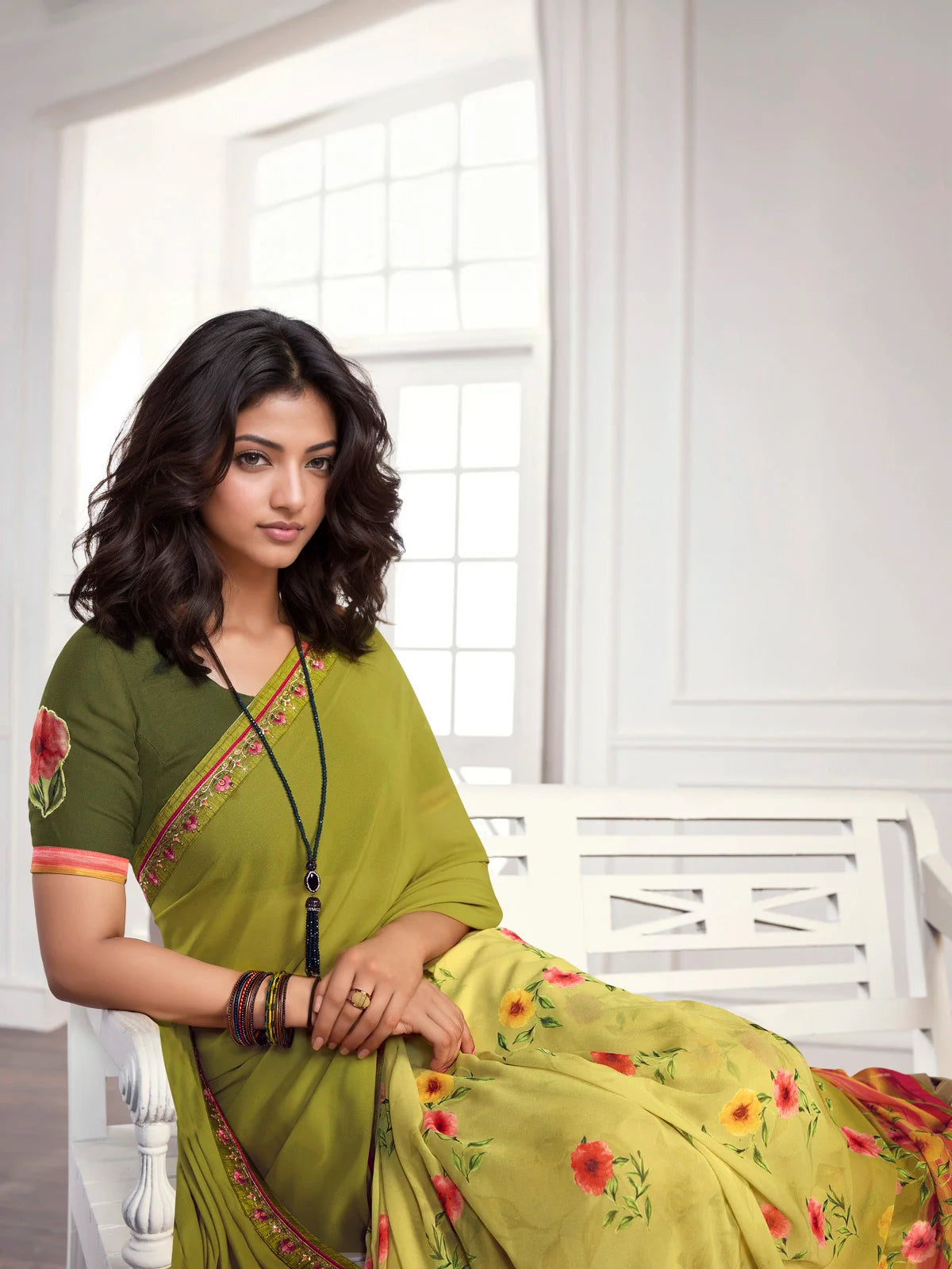 Buy Georgette Half & Half Printed Saree With Lace Border & Blouse Piece-Lime Green