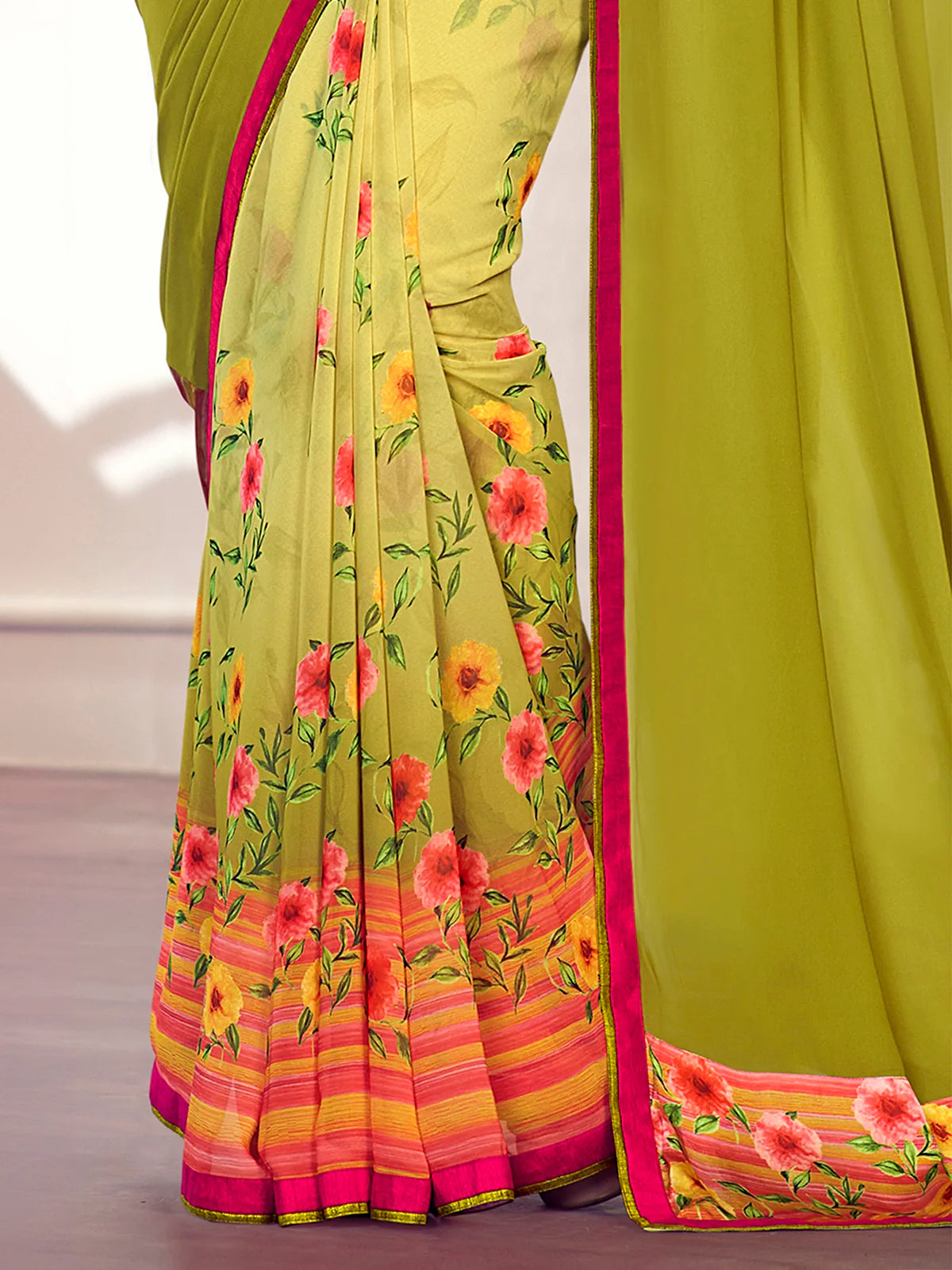 Buy Georgette Half & Half Printed Saree With Lace Border & Blouse Piece-Lime Green