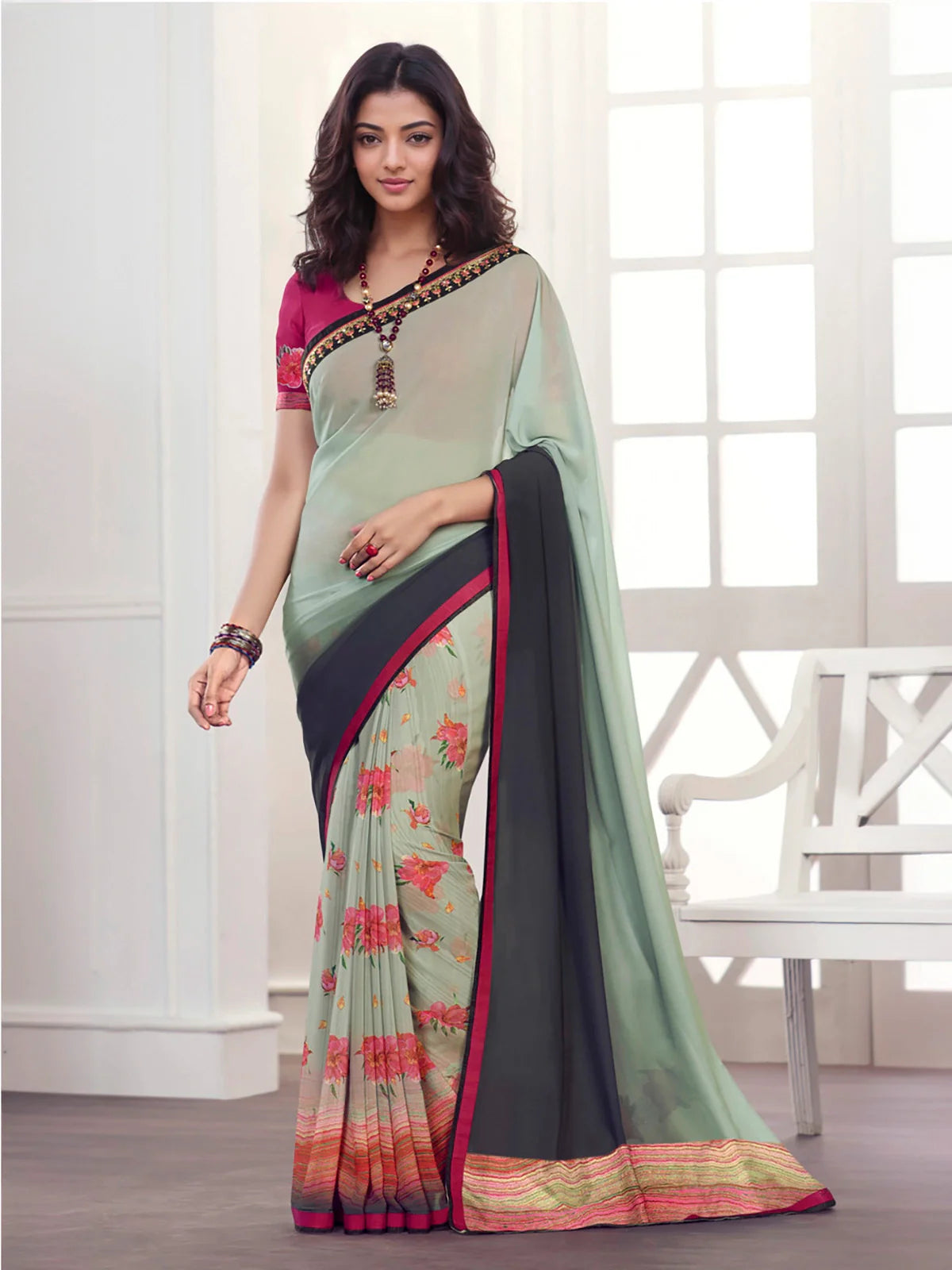 Buy Georgette Half & Half Printed Saree With Lace Border & Blouse Piece-Mint Green