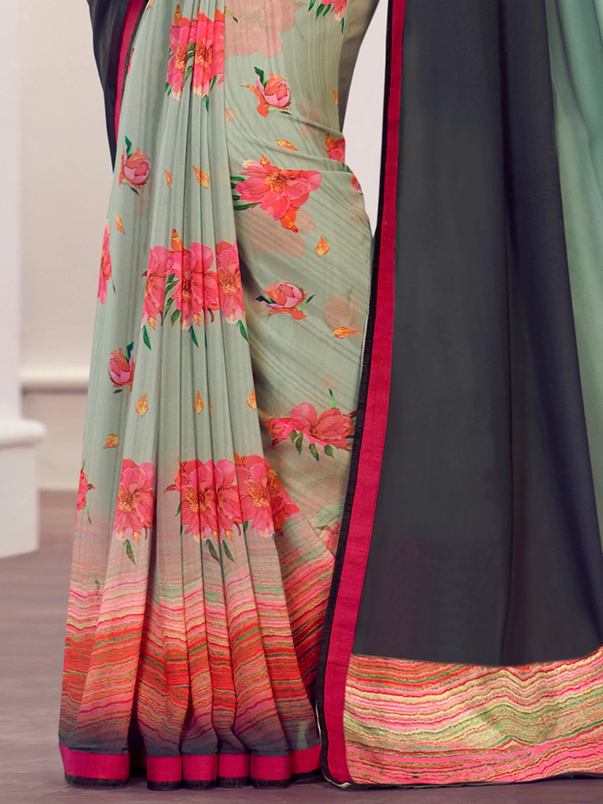 Buy Georgette Half & Half Printed Saree With Lace Border & Blouse Piece-Mint Green