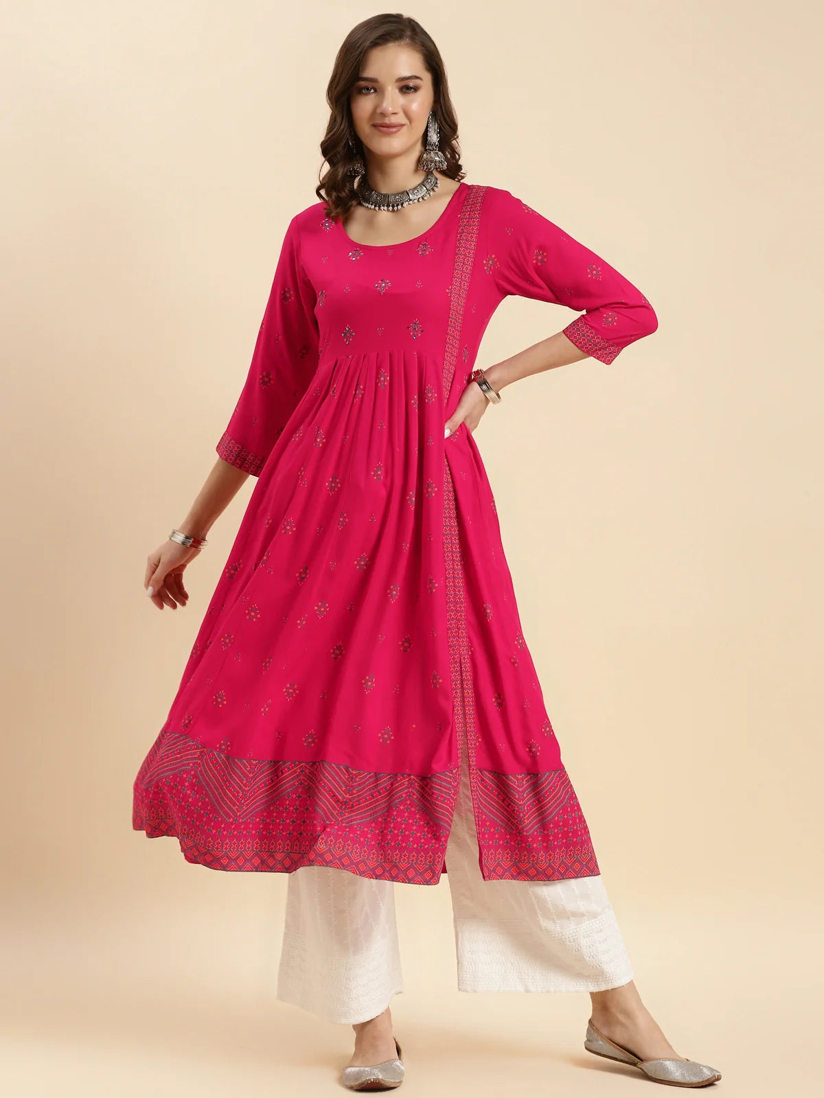 Buy Rayon Printed Calf Length Front Slit Kurta-Pink