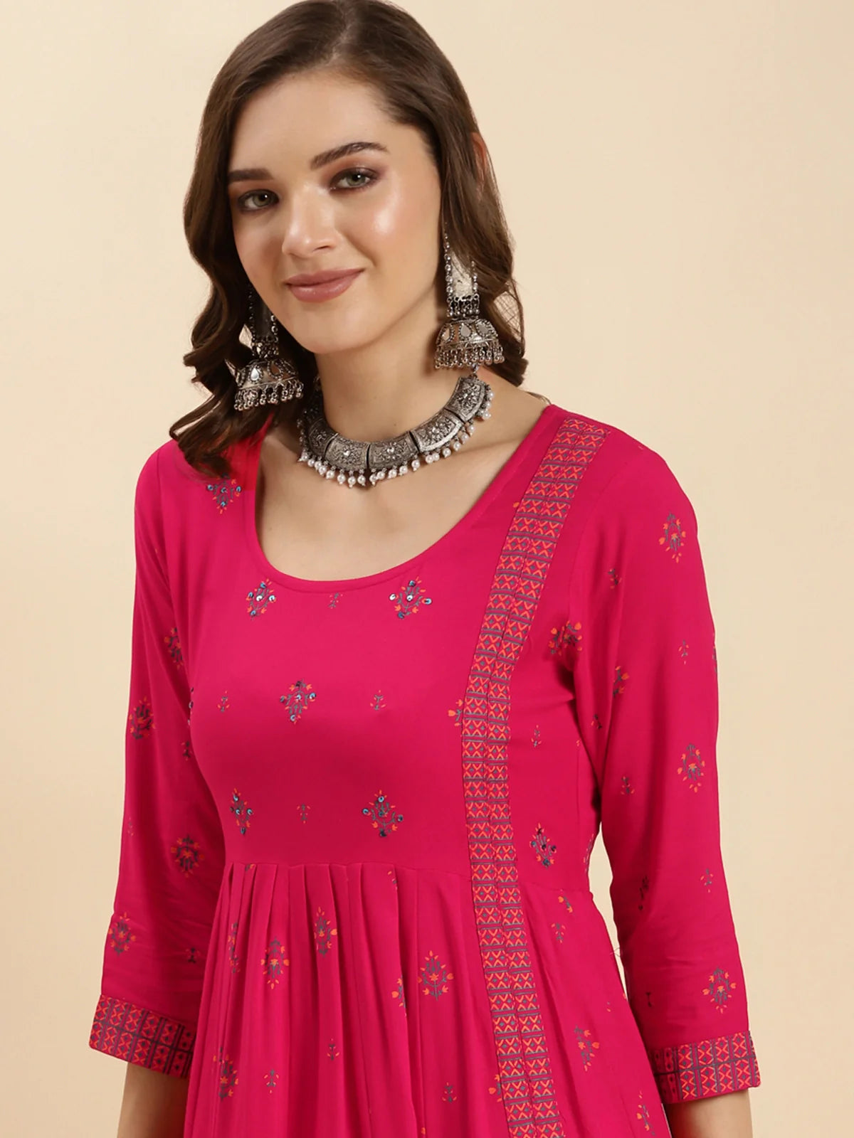 Buy Rayon Printed Calf Length Front Slit Kurta-Pink