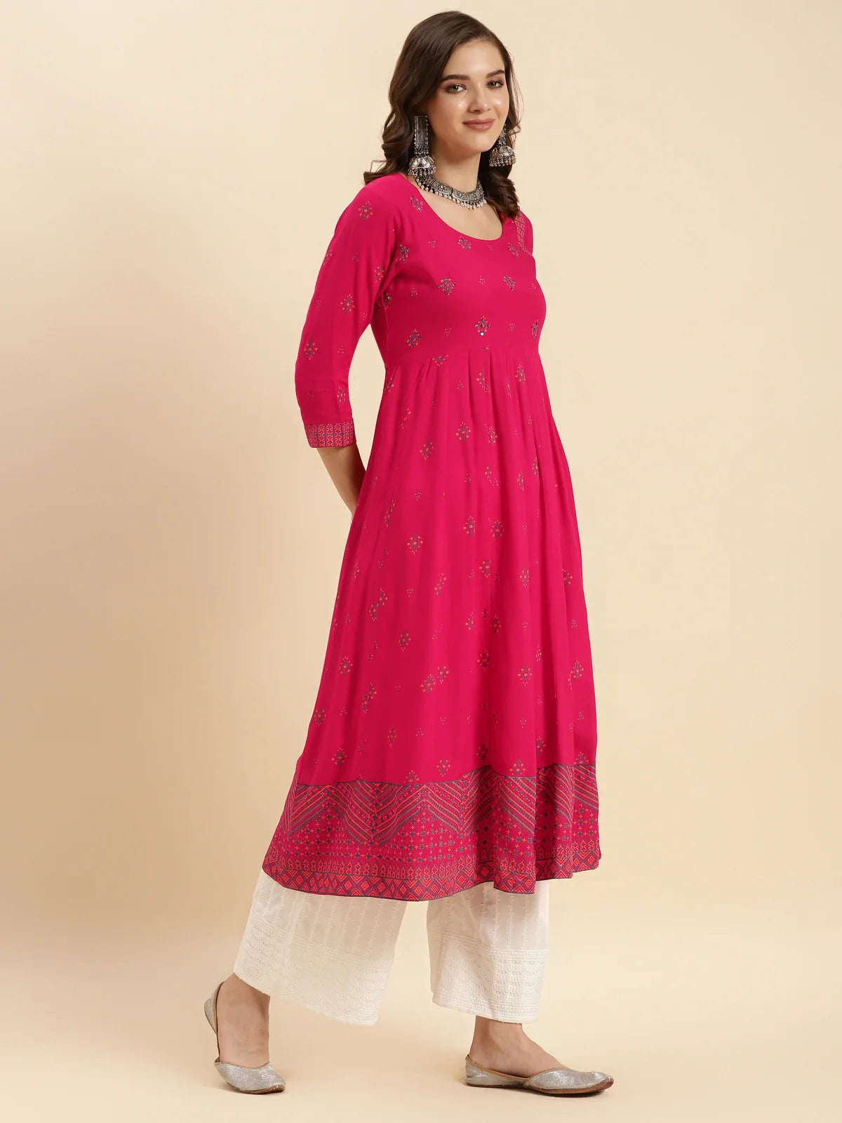 Buy Rayon Printed Calf Length Front Slit Kurta-Pink