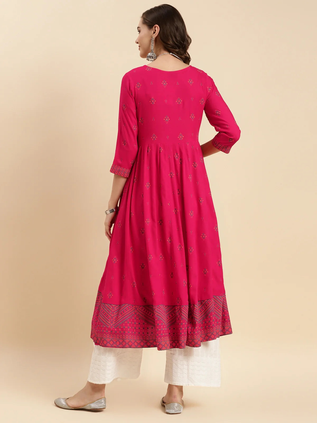 Buy Rayon Printed Calf Length Front Slit Kurta-Pink