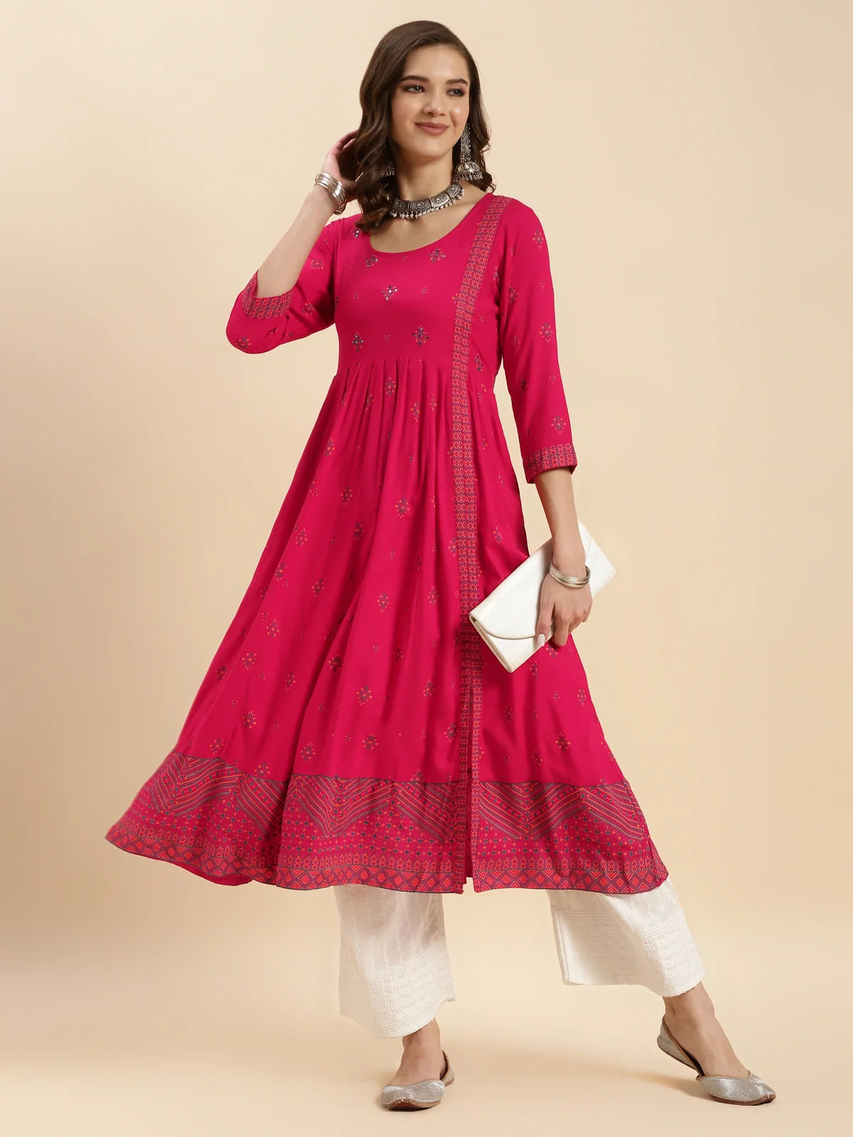 Buy Rayon Printed Calf Length Front Slit Kurta-Pink