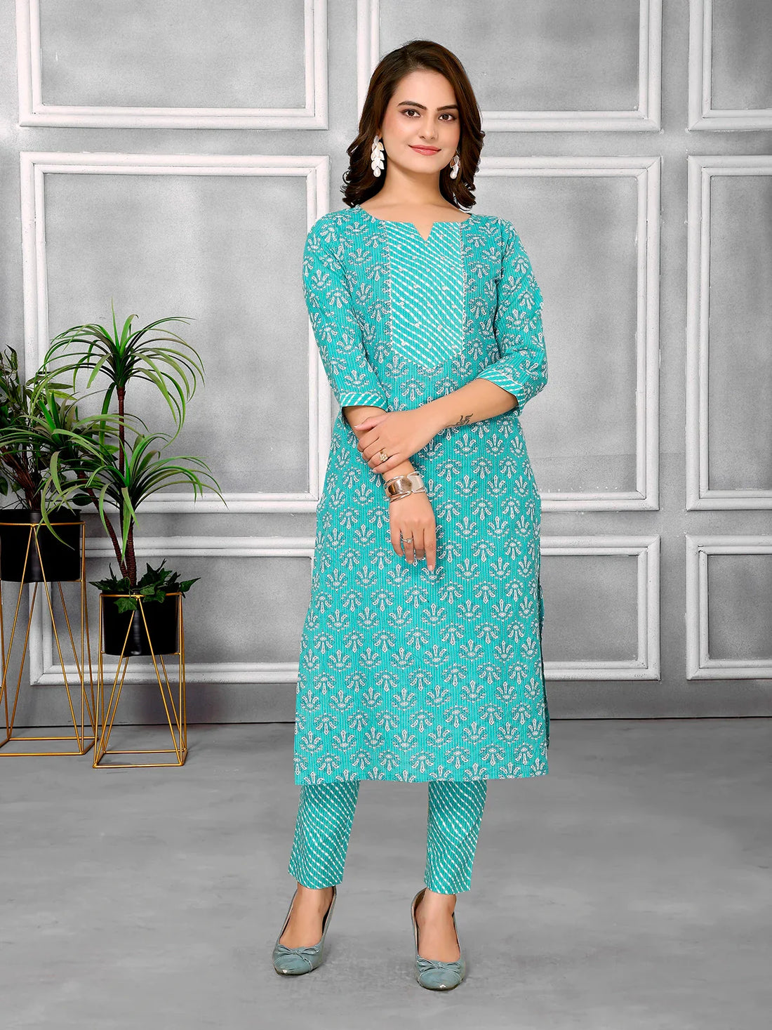 Buy Cotton Embroidered Calf Length Straight Kurta With Pant-Sea Green