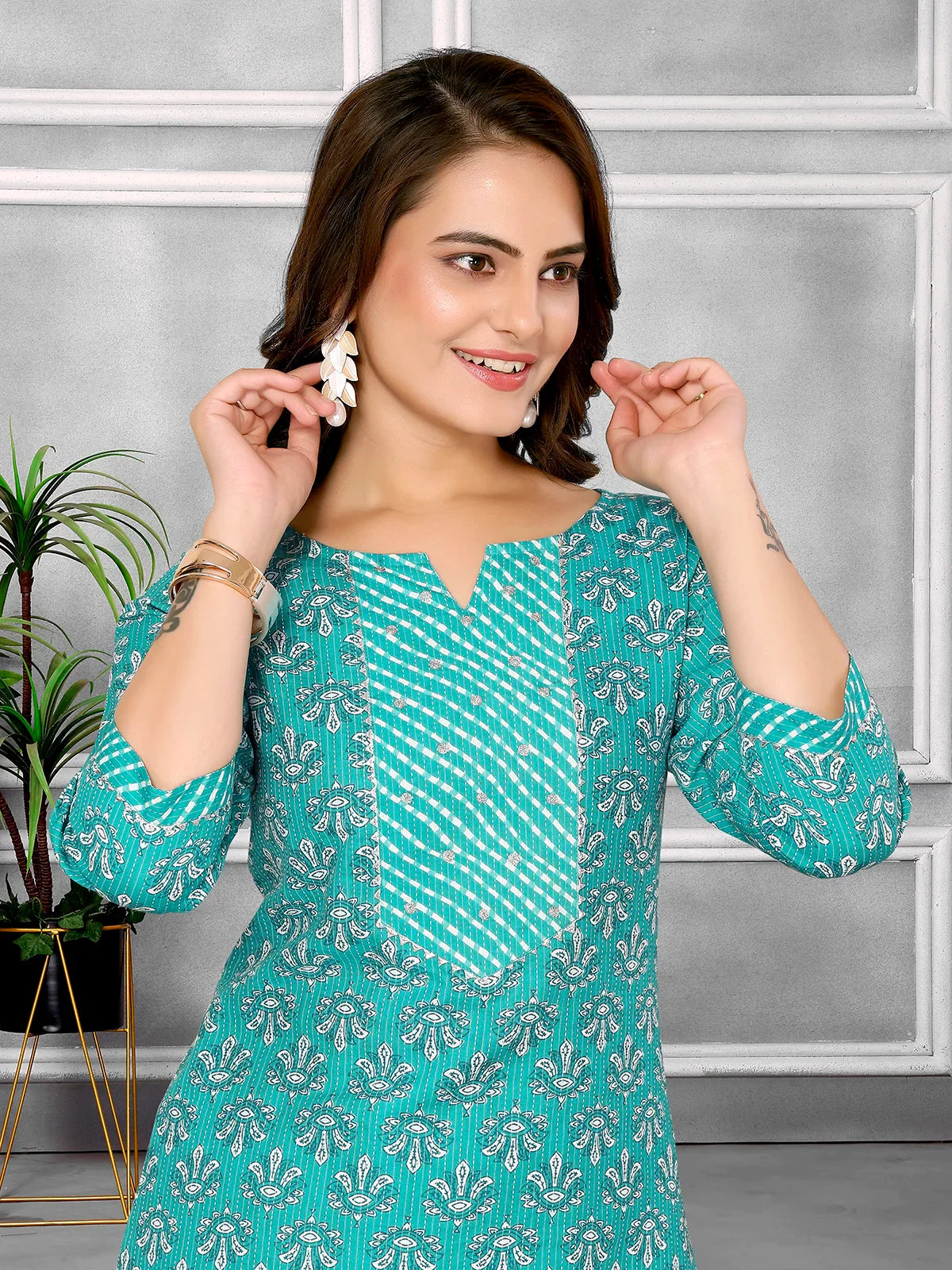 Buy Cotton Embroidered Calf Length Straight Kurta With Pant-Sea Green