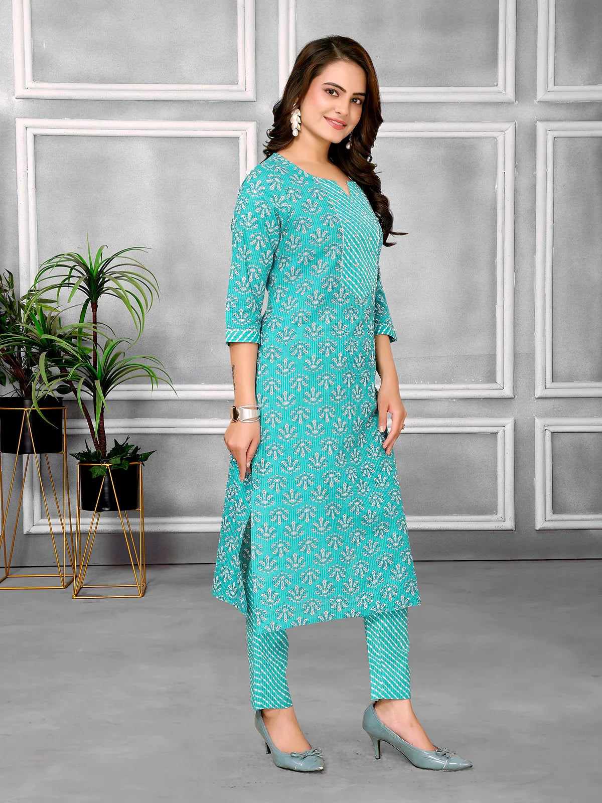 Buy Cotton Embroidered Calf Length Straight Kurta With Pant-Sea Green