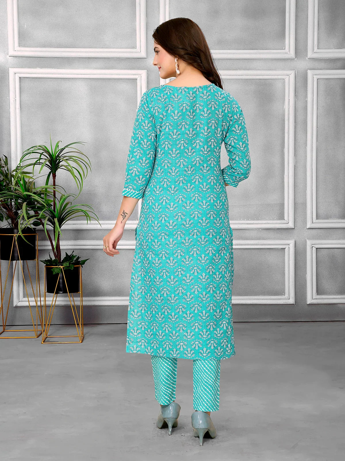 Buy Cotton Embroidered Calf Length Straight Kurta With Pant-Sea Green