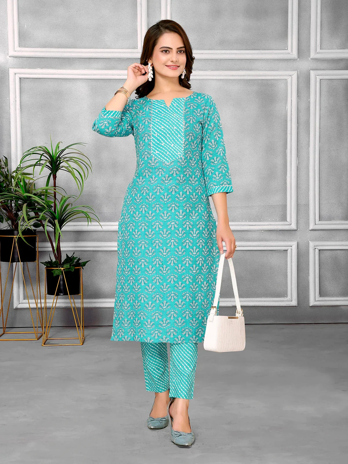 Buy Cotton Embroidered Calf Length Straight Kurta With Pant-Sea Green