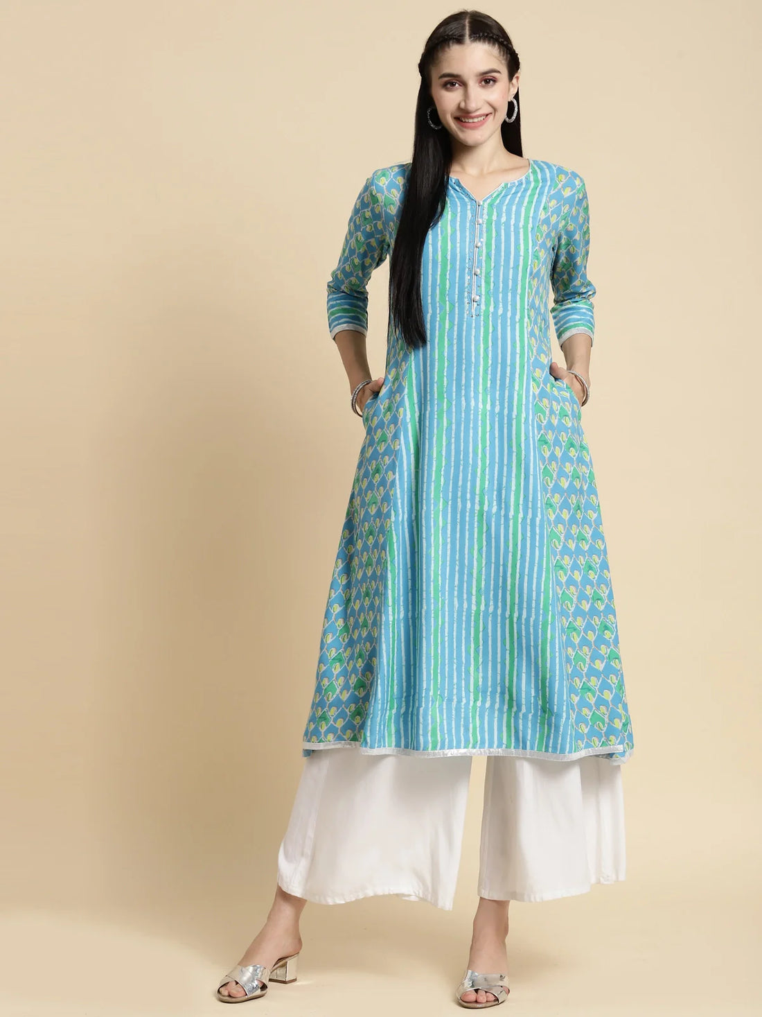 Buy Rayon Tonal Printed Calf Length Kalidar Kurta-Blue