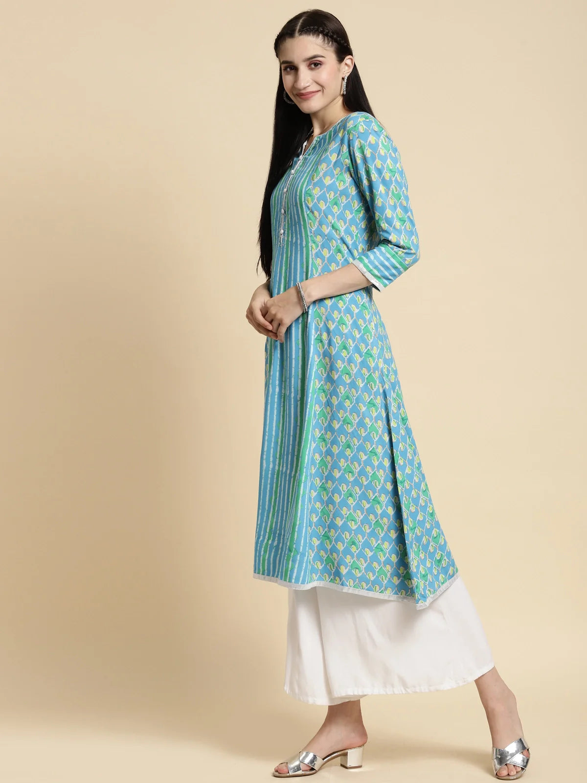 Buy Rayon Tonal Printed Calf Length Kalidar Kurta-Blue