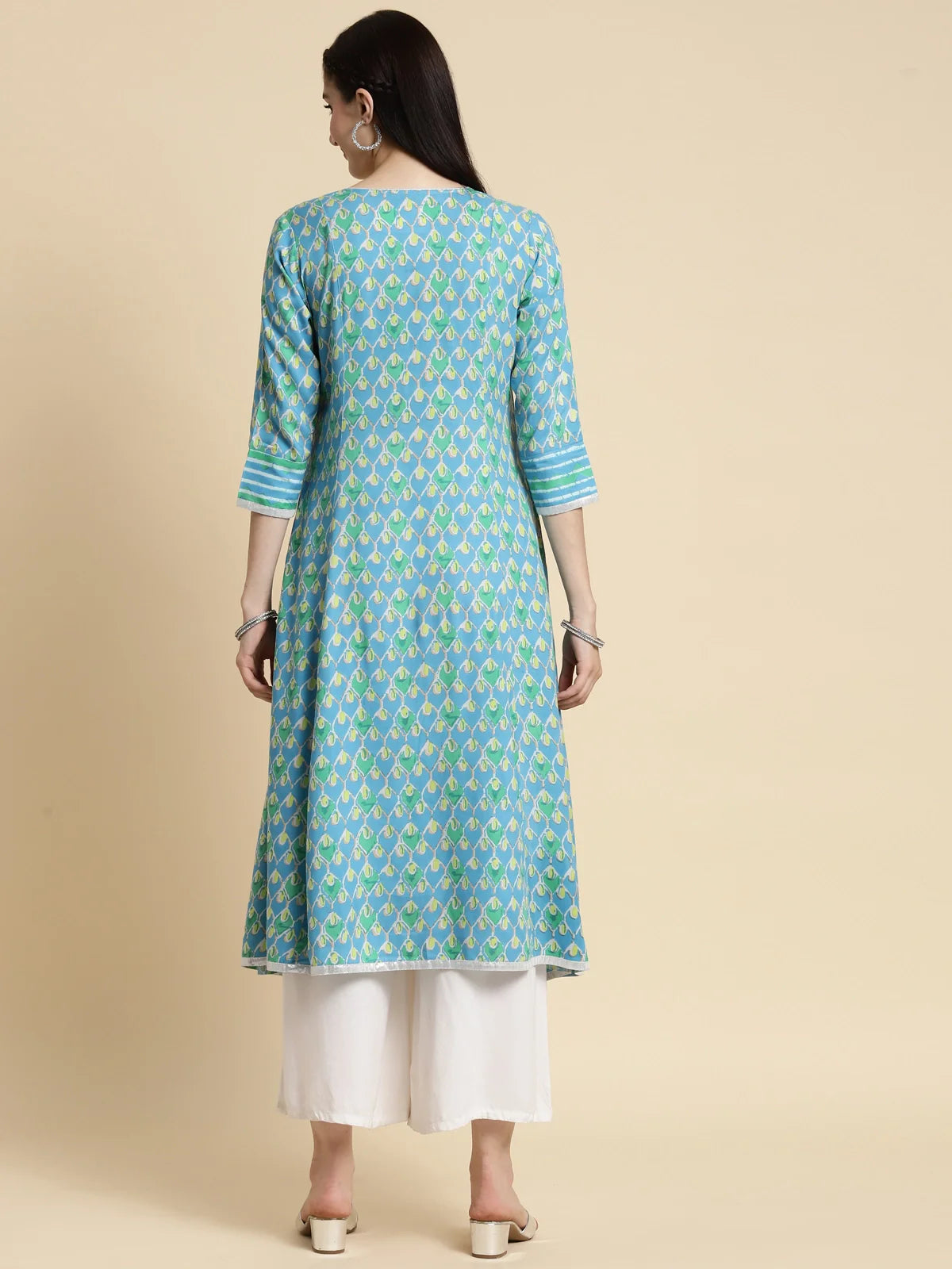 Buy Rayon Tonal Printed Calf Length Kalidar Kurta-Blue