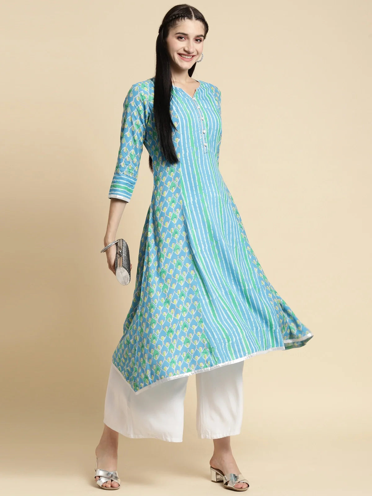 Buy Rayon Tonal Printed Calf Length Kalidar Kurta-Blue