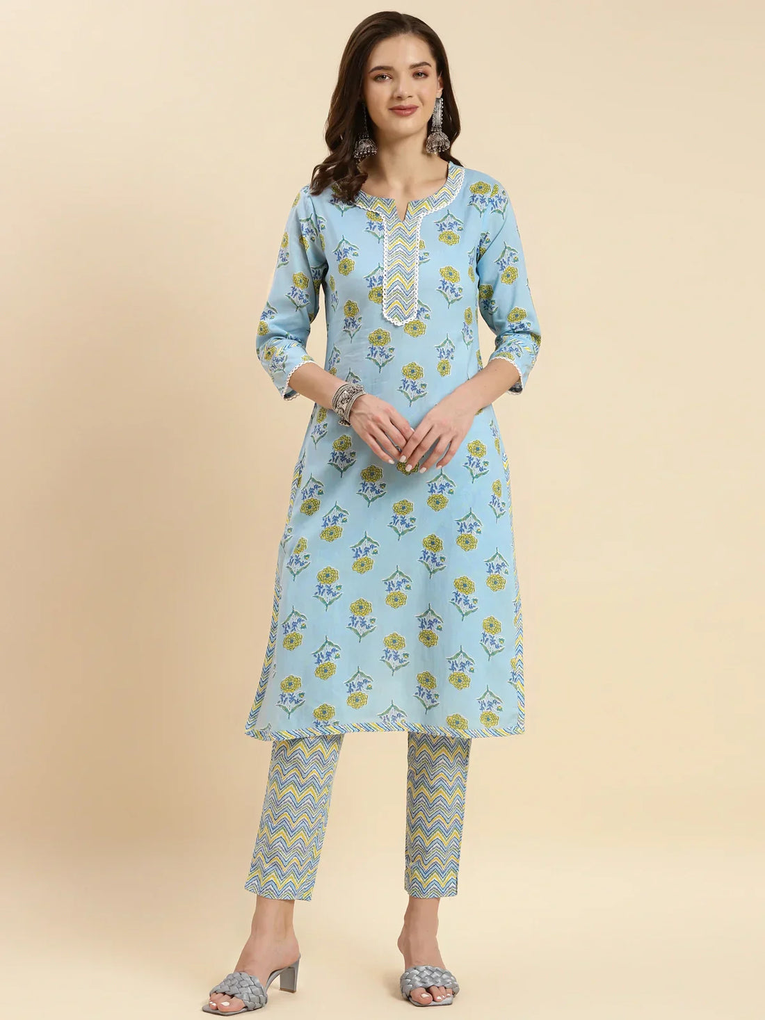 Buy Cotton Calf Length Floral Printed Straight Kurta With Pant-Light Blue