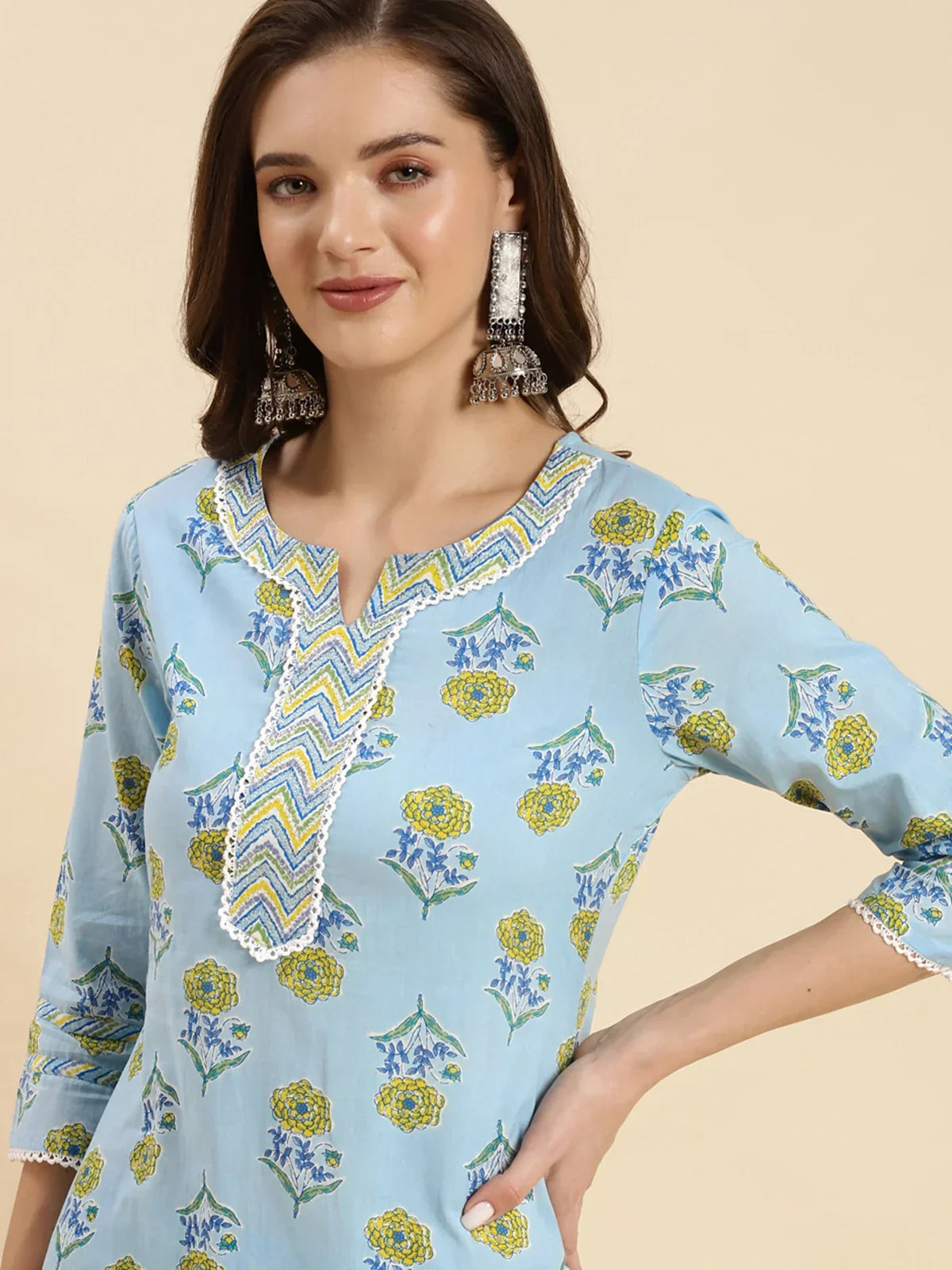 Buy Cotton Calf Length Floral Printed Straight Kurta With Pant-Light Blue