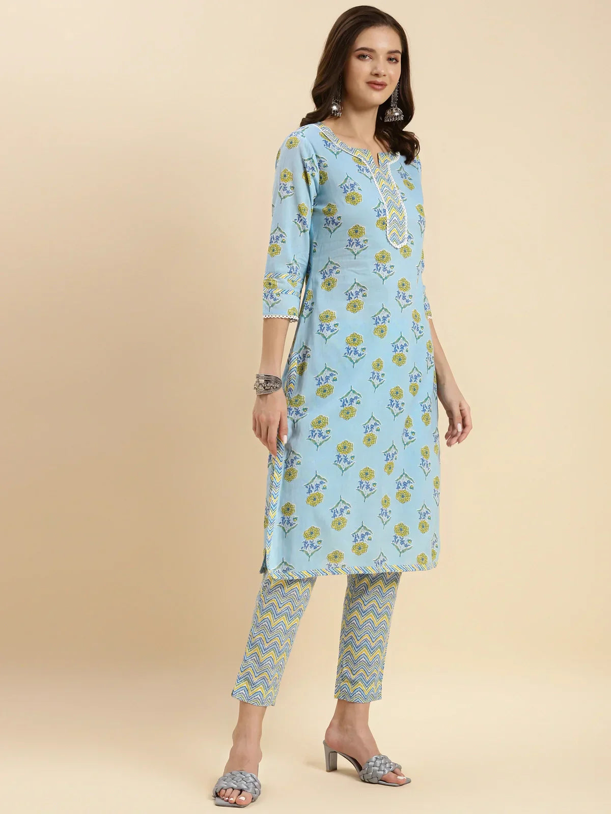 Buy Cotton Calf Length Floral Printed Straight Kurta With Pant-Light Blue