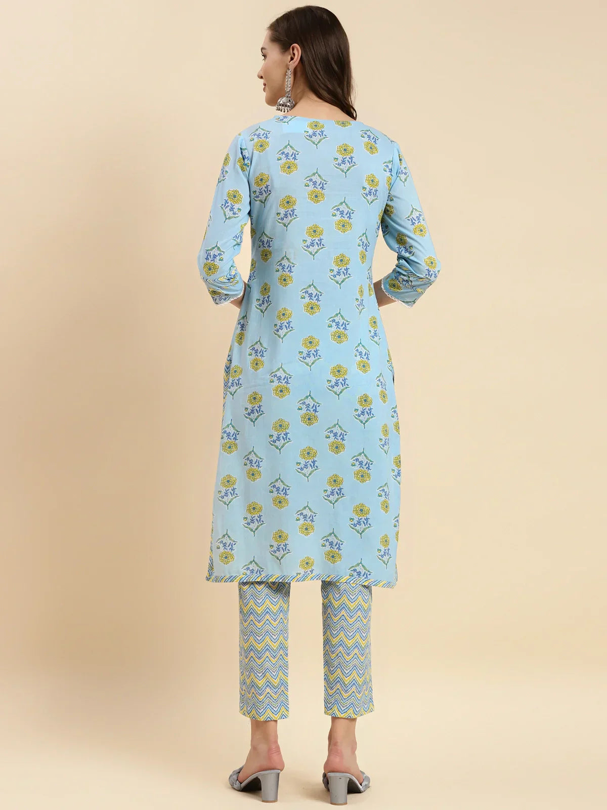 Buy Cotton Calf Length Floral Printed Straight Kurta With Pant-Light Blue