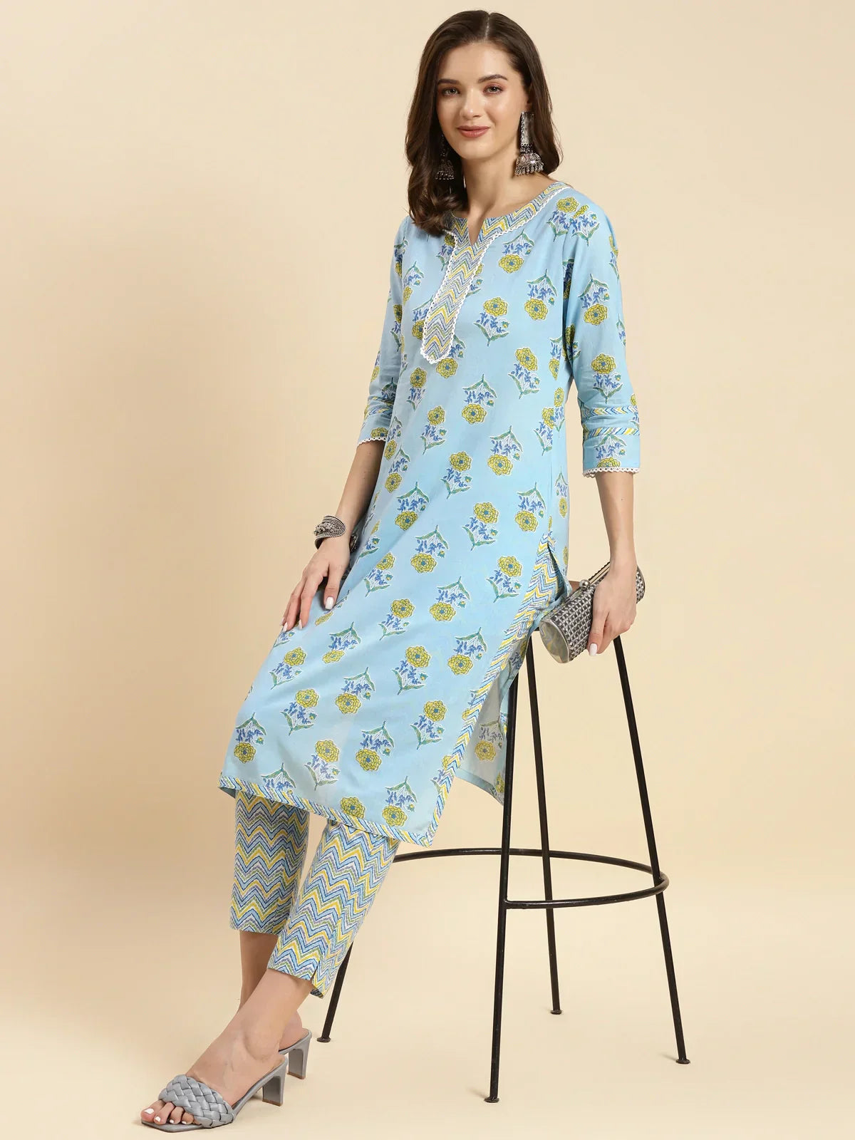 Buy Cotton Calf Length Floral Printed Straight Kurta With Pant-Light Blue