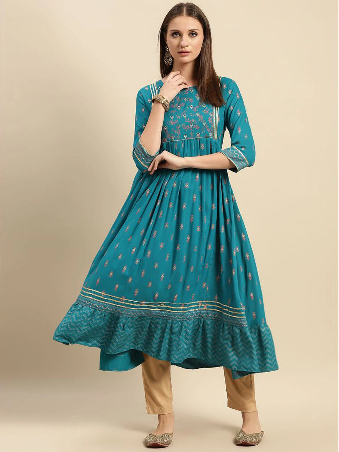 Buy Rayon Yoke Buta Printed Calf Length Anarkali Kurta-Turquoise