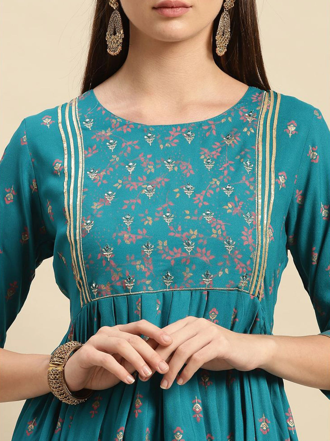 Buy Rayon Yoke Buta Printed Calf Length Anarkali Kurta-Turquoise