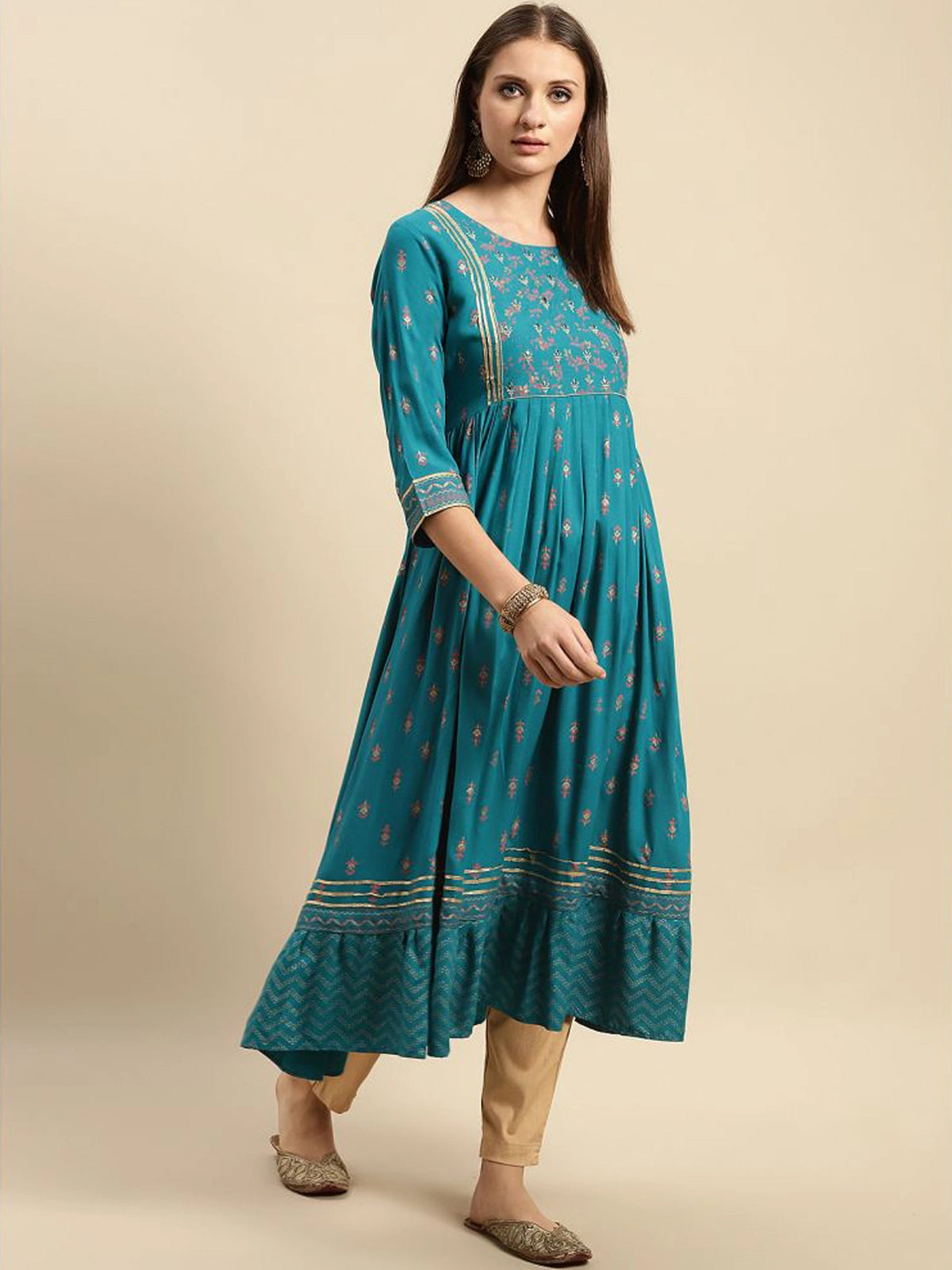 Buy Rayon Yoke Buta Printed Calf Length Anarkali Kurta-Turquoise