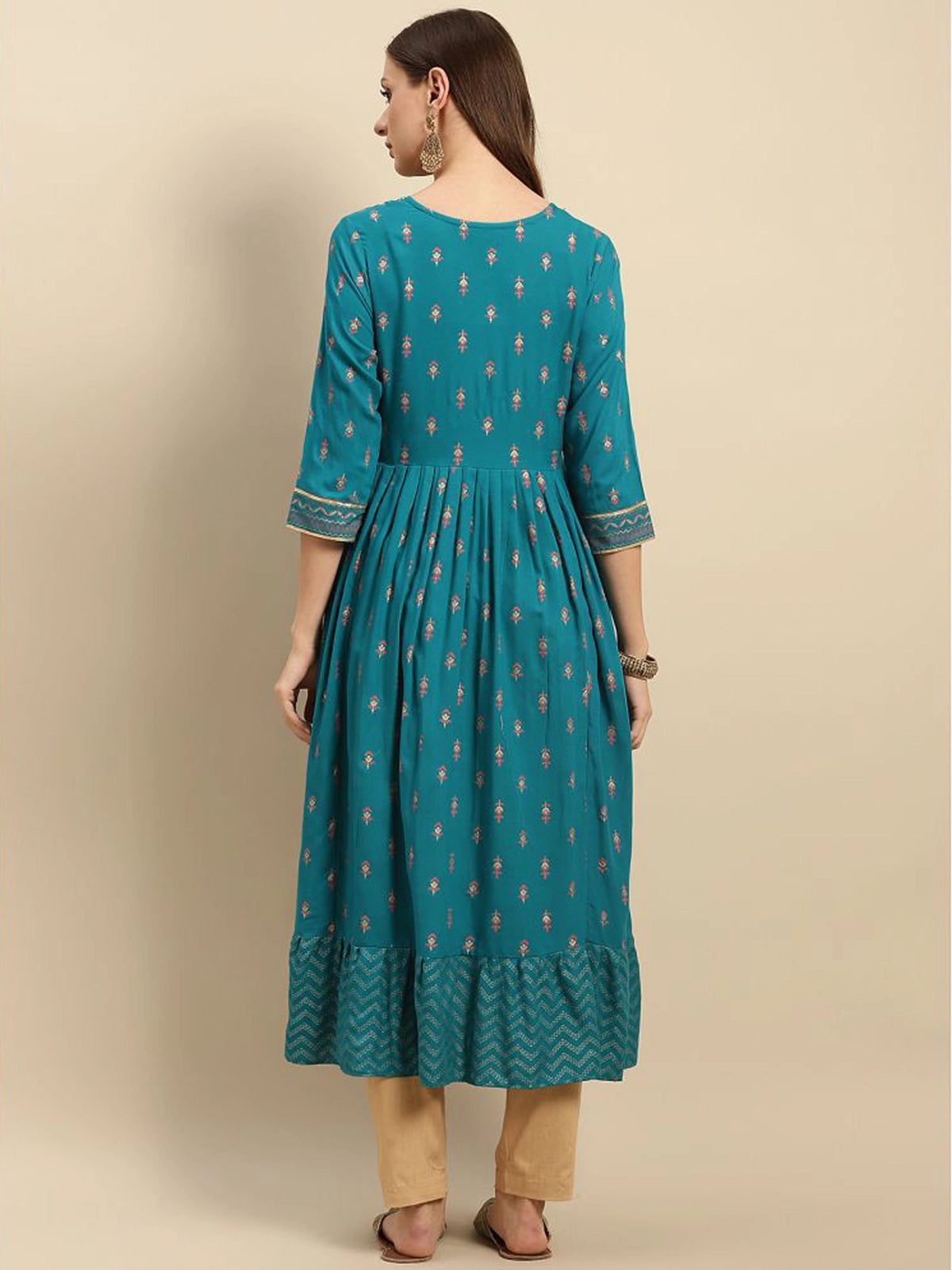 Buy Rayon Yoke Buta Printed Calf Length Anarkali Kurta-Turquoise