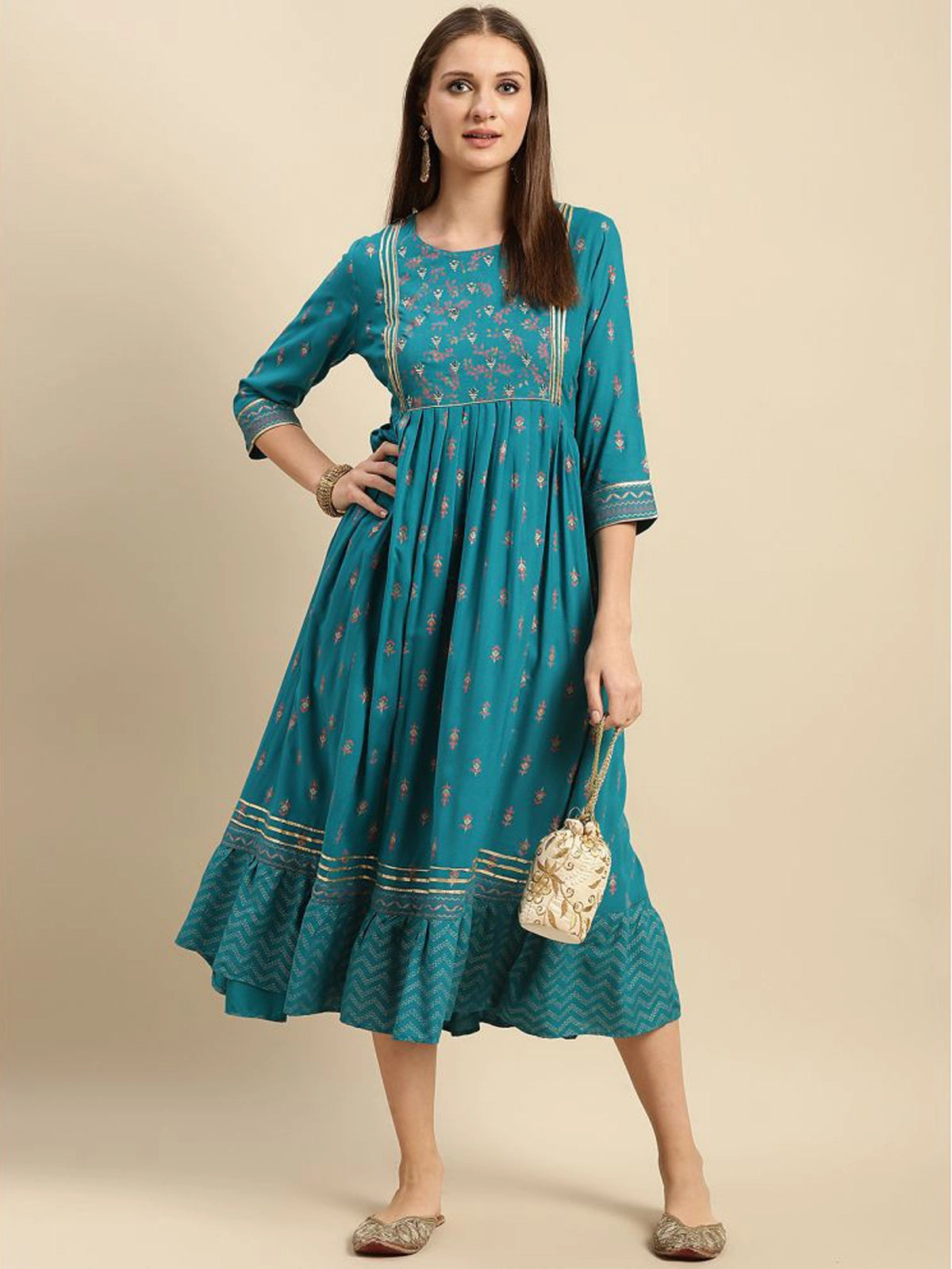 Buy Rayon Yoke Buta Printed Calf Length Anarkali Kurta-Turquoise