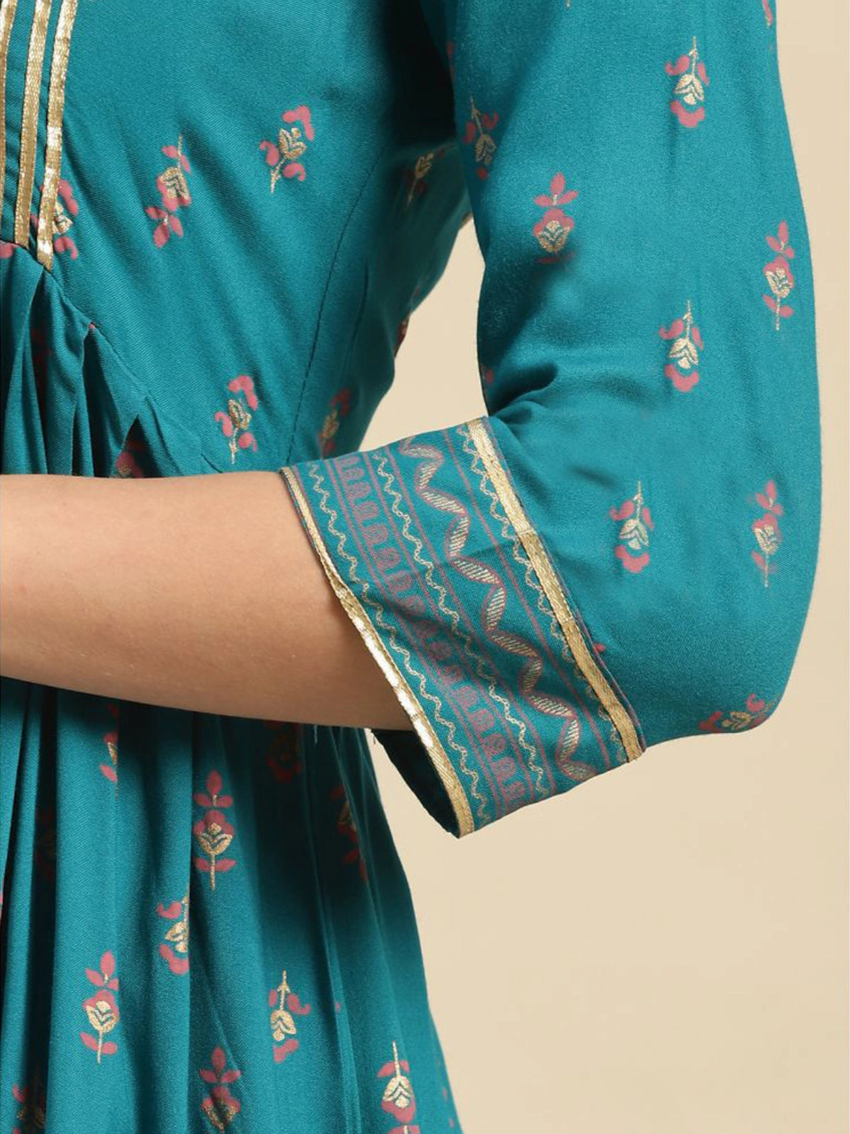 Buy Rayon Yoke Buta Printed Calf Length Anarkali Kurta-Turquoise