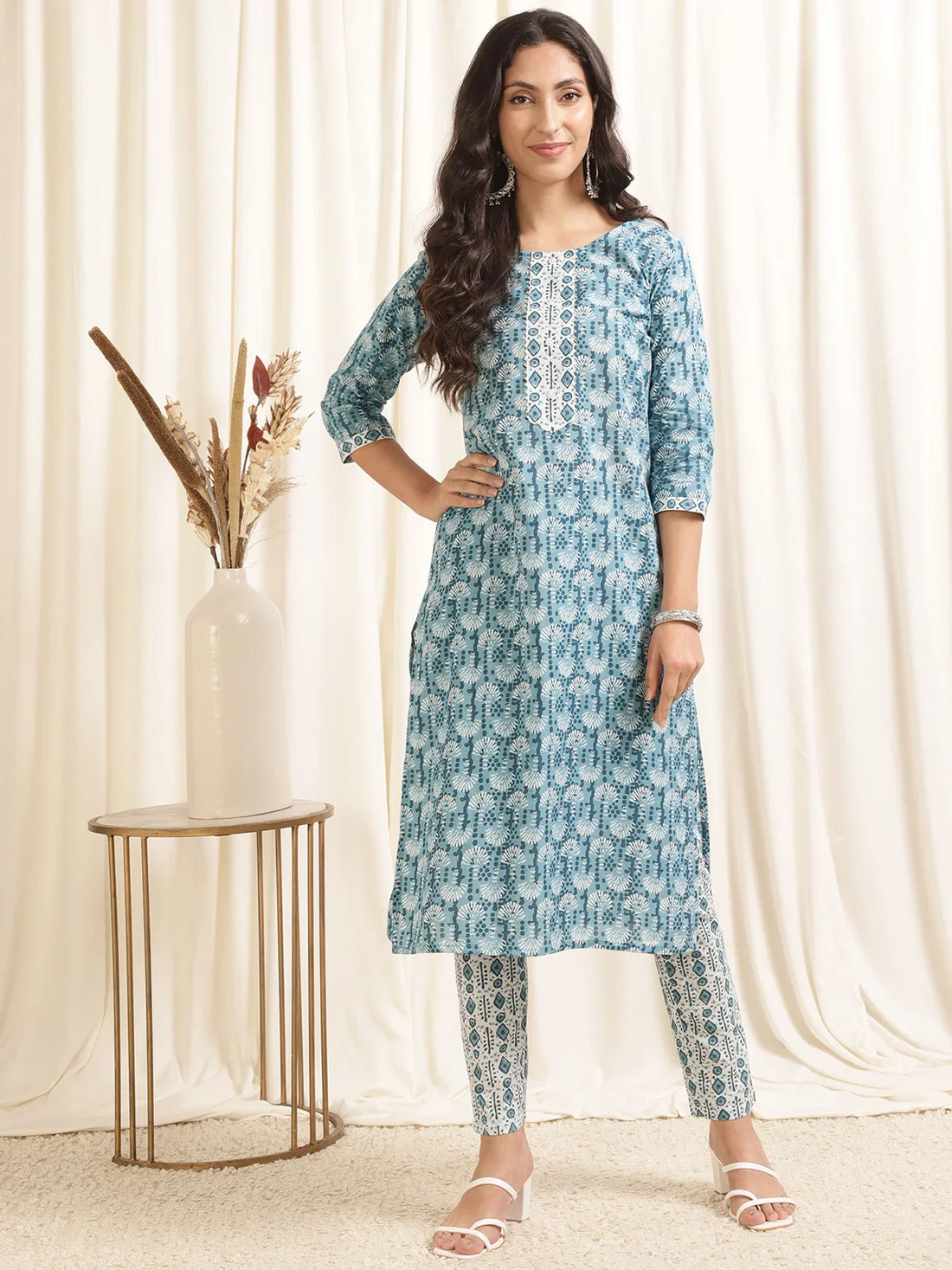 Buy Cotton Printed Calf Length Straight Kurta With Pant-Light Blue