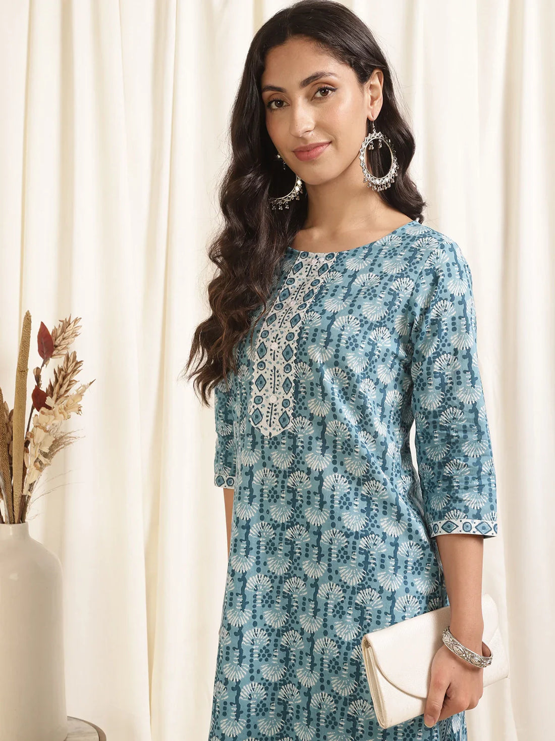 Buy Cotton Printed Calf Length Straight Kurta With Pant-Light Blue