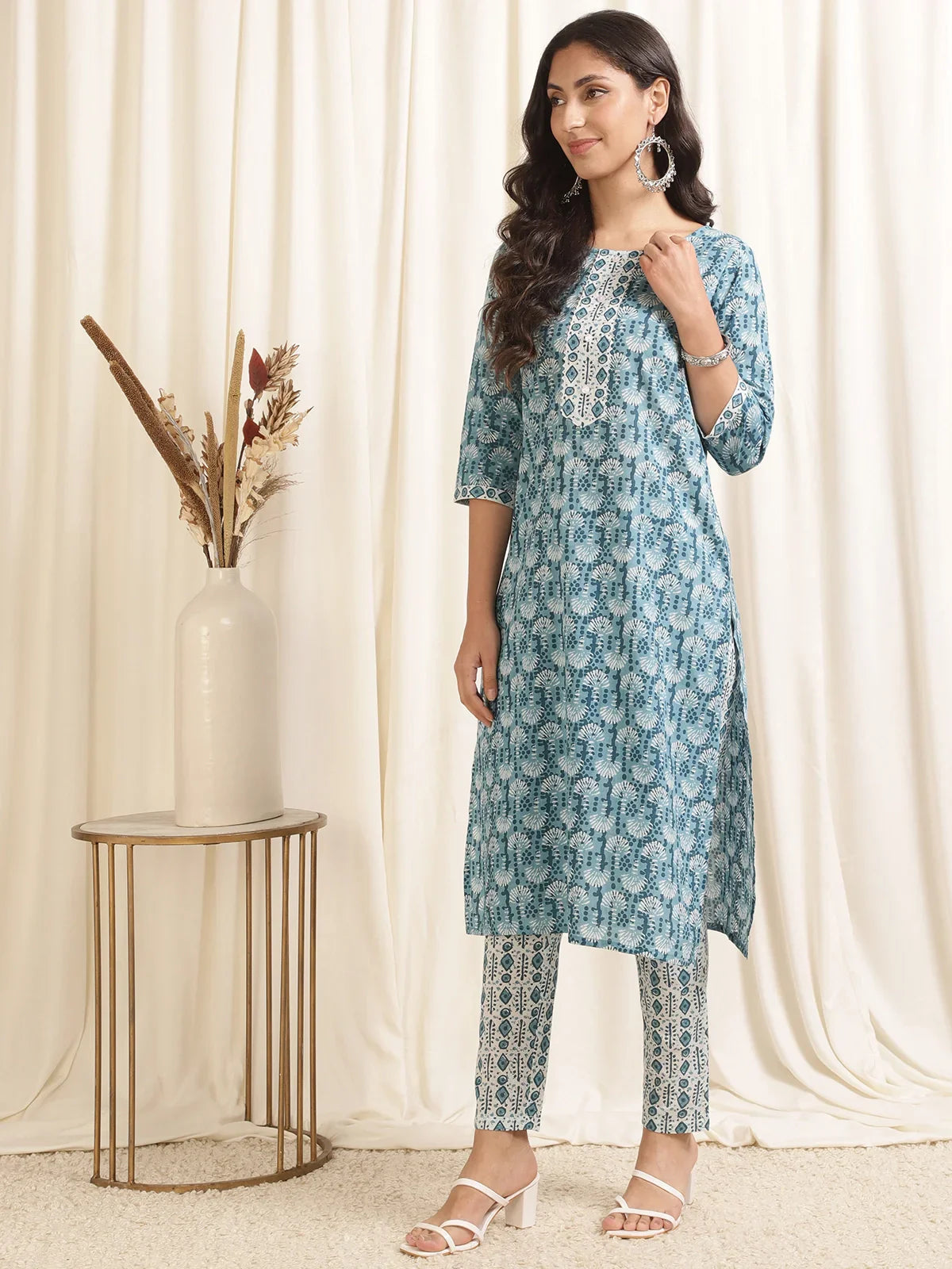 Buy Cotton Printed Calf Length Straight Kurta With Pant-Light Blue