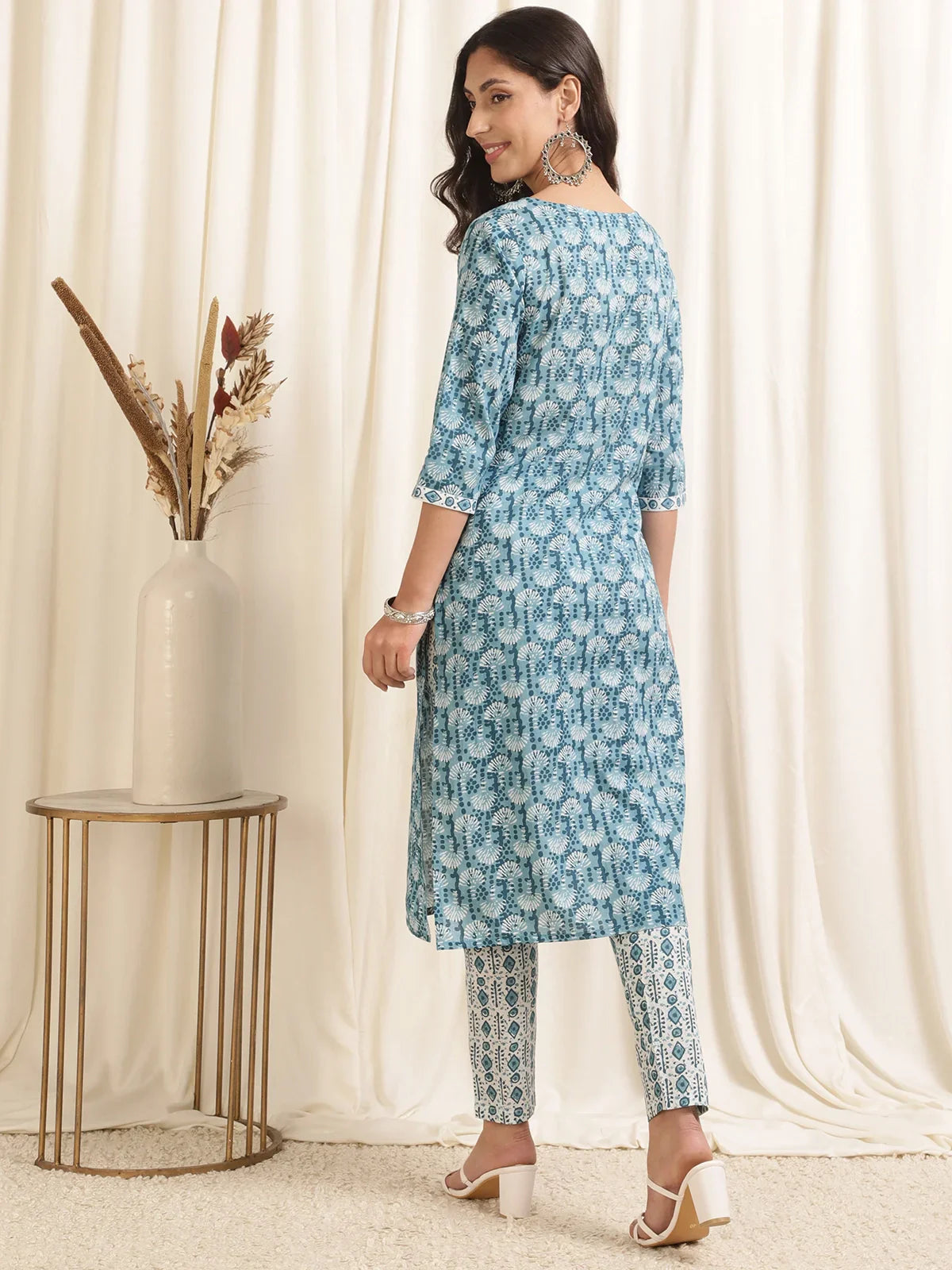 Buy Cotton Printed Calf Length Straight Kurta With Pant-Light Blue