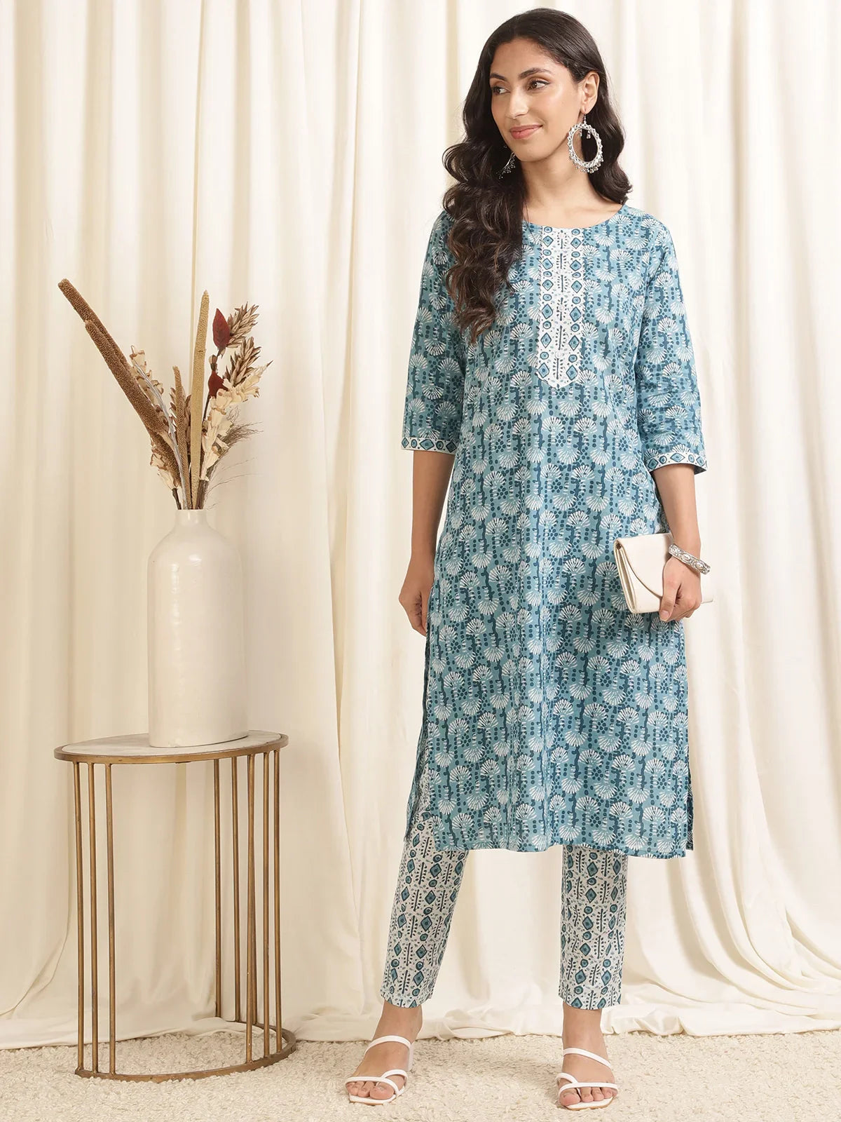 Buy Cotton Printed Calf Length Straight Kurta With Pant-Light Blue