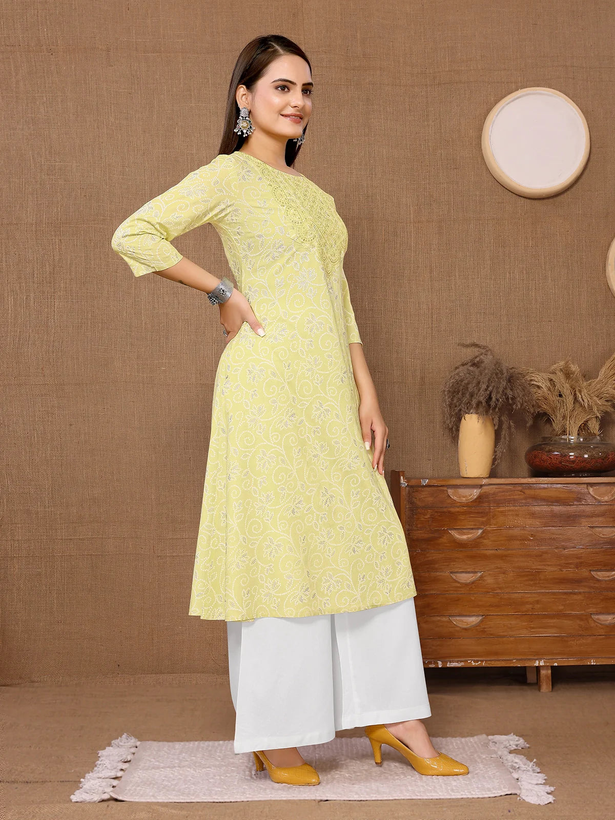 Buy Rayon Embroidered Calf Length A-line Kurta-Yellow