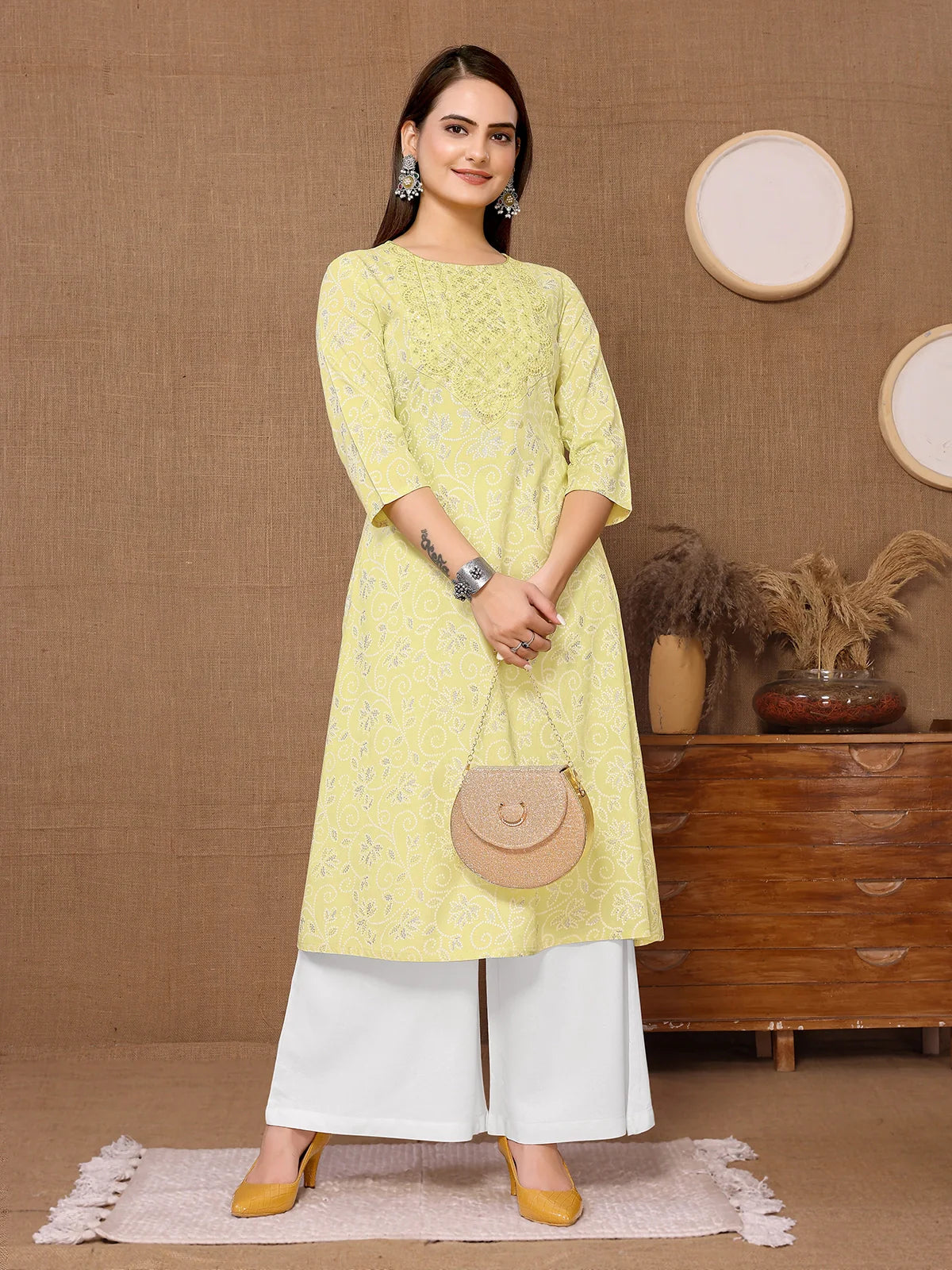 Buy Rayon Embroidered Calf Length A-line Kurta-Yellow