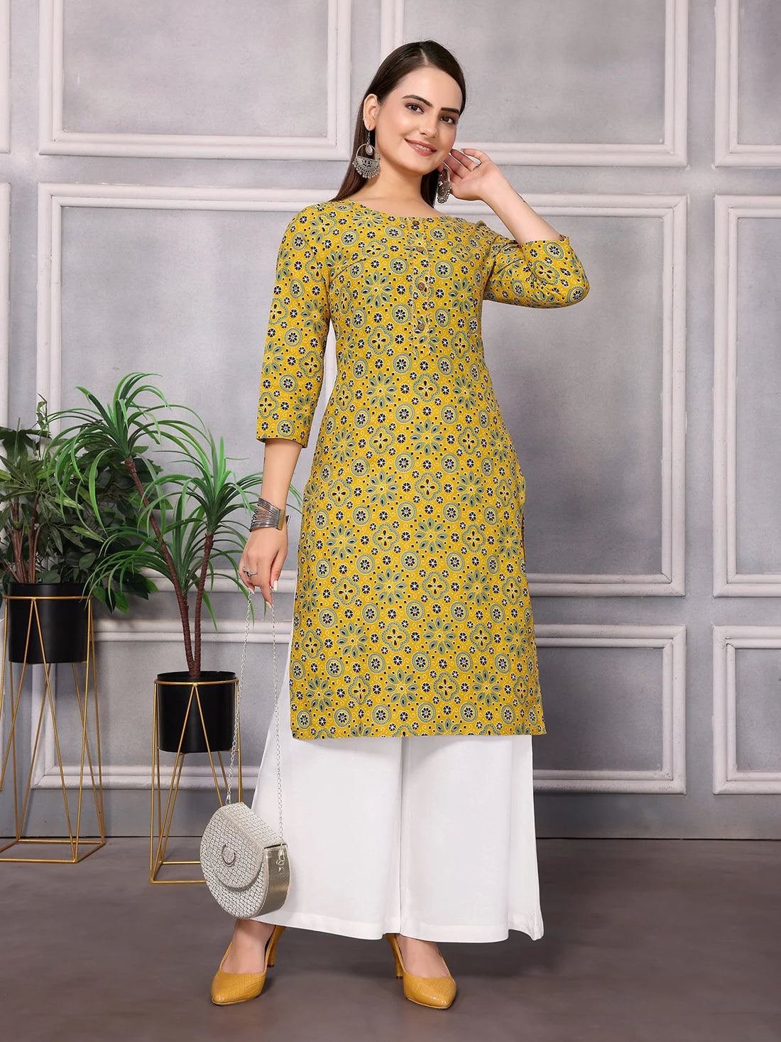 Buy Cotton Printed Knee Length Straight Kurta-Mustard