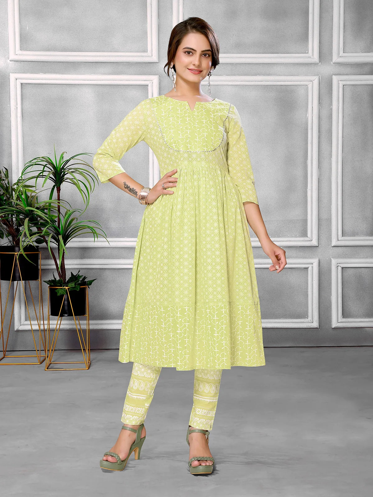 Buy Cotton Sequined Calf Length Anarkali Kurta With Pant-Lime Green