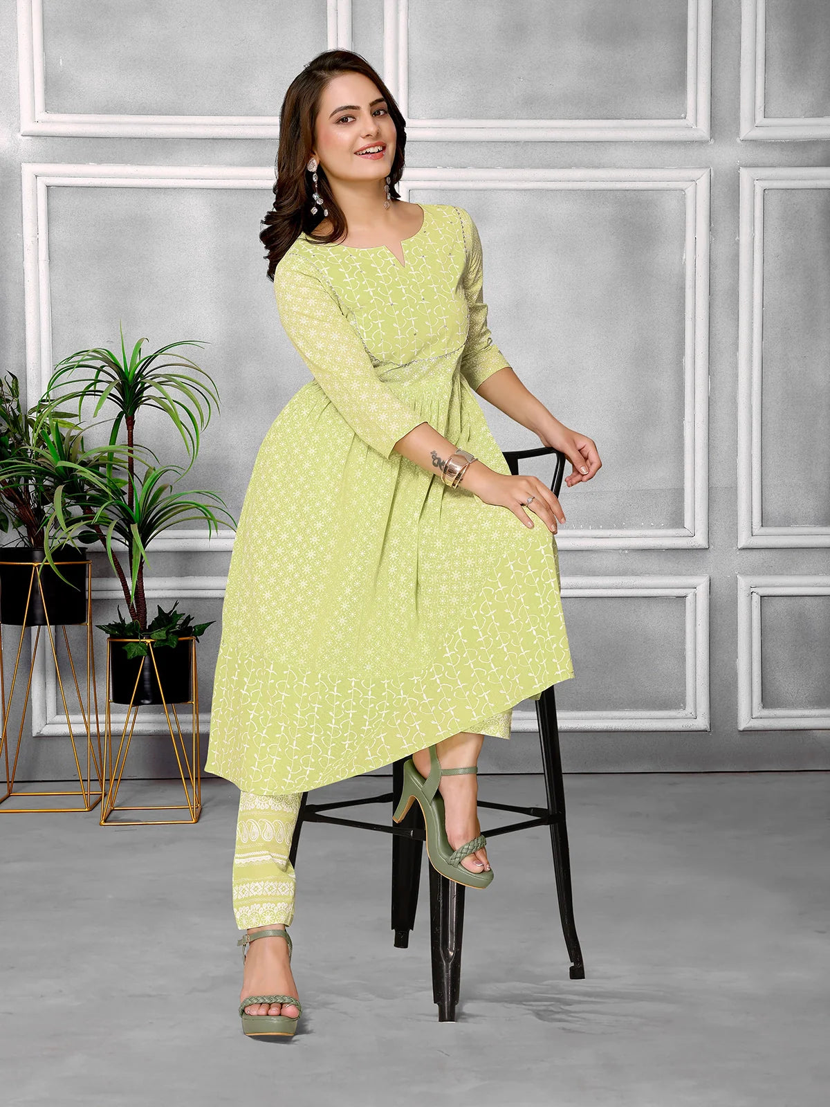 Buy Cotton Sequined Calf Length Anarkali Kurta With Pant-Lime Green